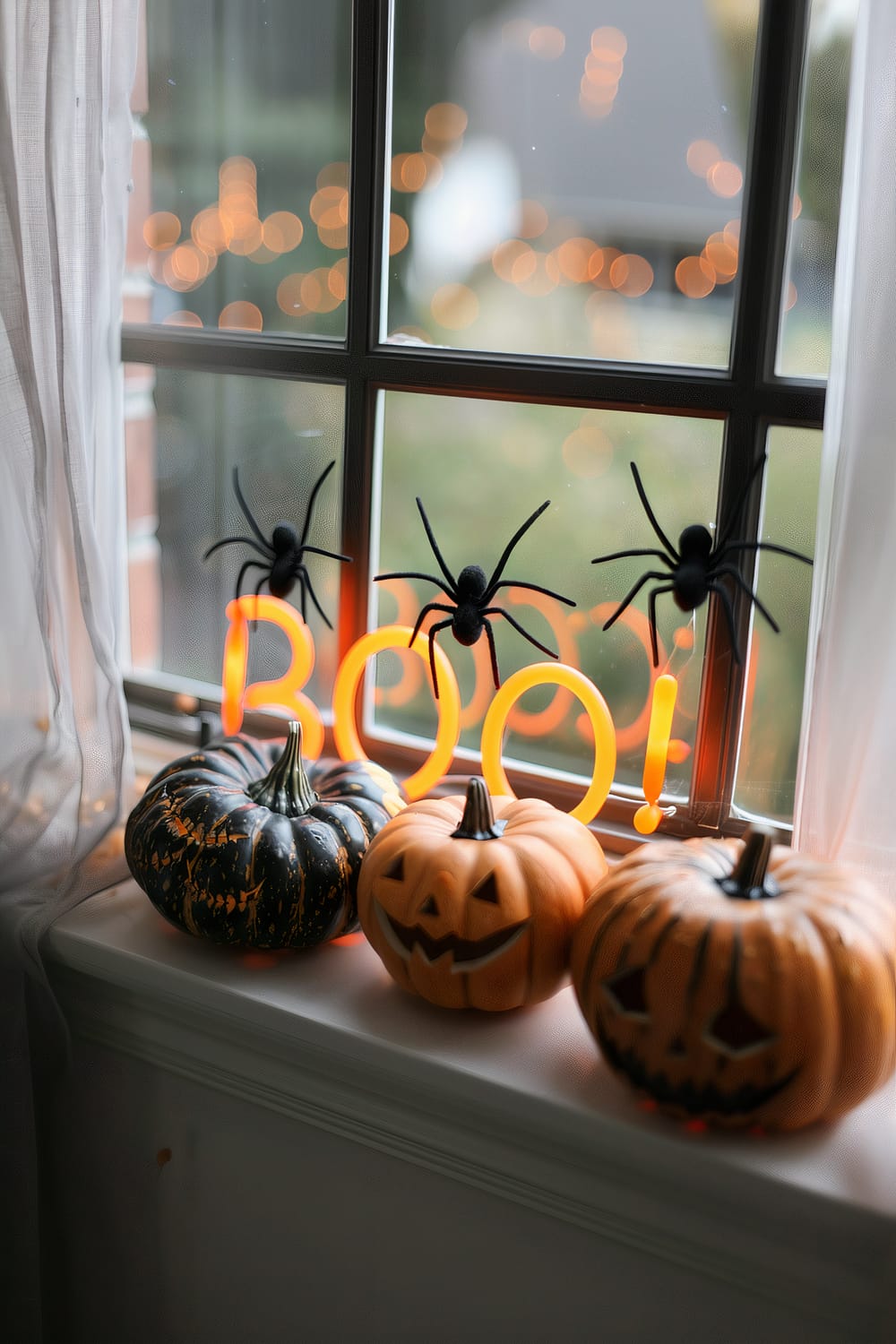 Three pumpkins, with two painted orange and one painted with a mix of orange and black, are arranged on a shallow white windowsill. One pumpkin has a carved jack-o'-lantern face, while the others have various painted faces. Behind the pumpkins, a bright orange neon sign spelling "BOO!" is framed by two black decorative spiders on the window. The scene is softly lit with a bokeh effect of orange lights visible through the window and light white curtains draping at the sides.