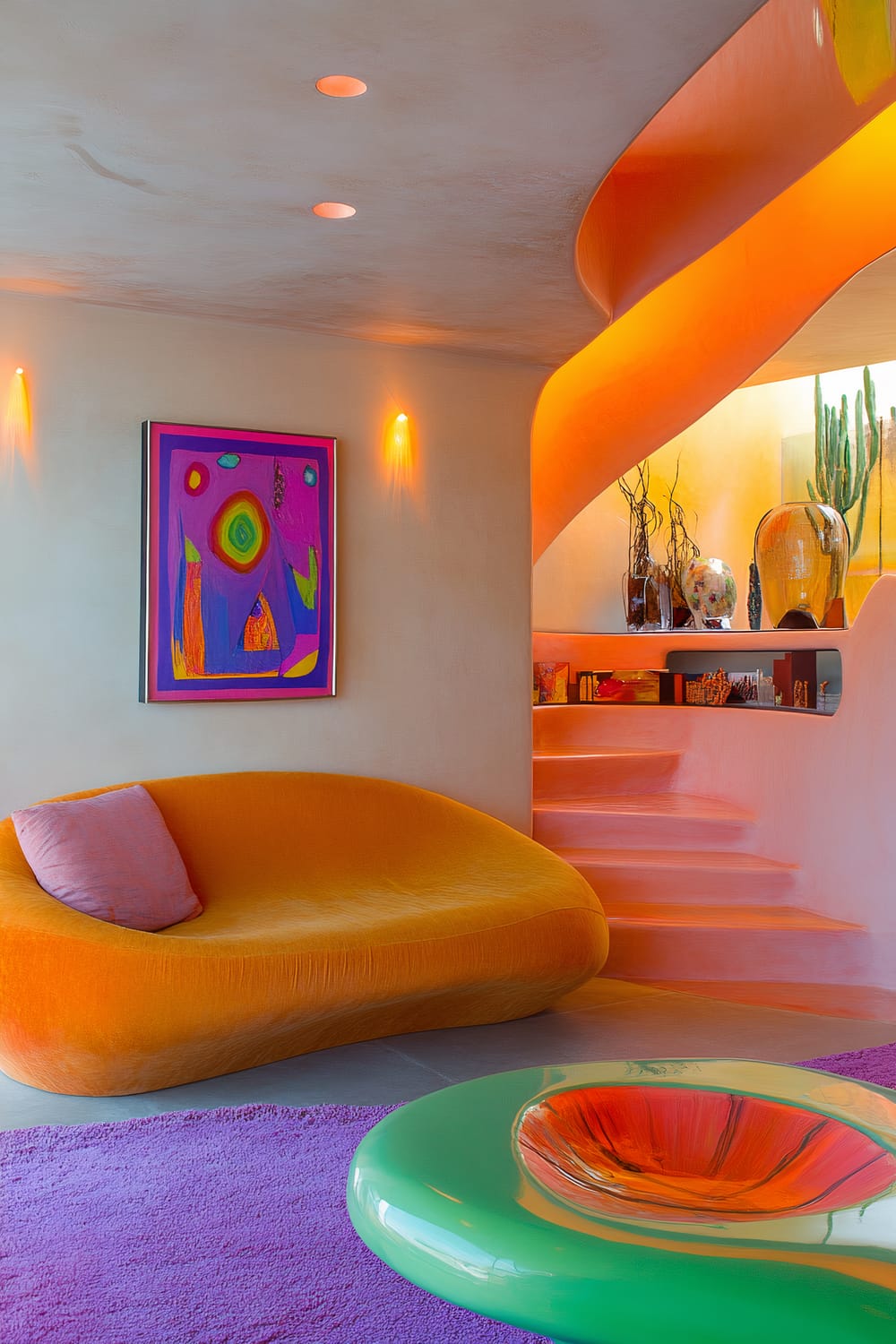 A vibrant living room featuring a bright orange vintage sofa with a purple pillow, a green blobby cocktail table with an artistic center, a minimalist shelf with various sculptures and vases, and colorful artwork on the wall. The room is highlighted by warm, ambient lighting creating a lively ambiance.