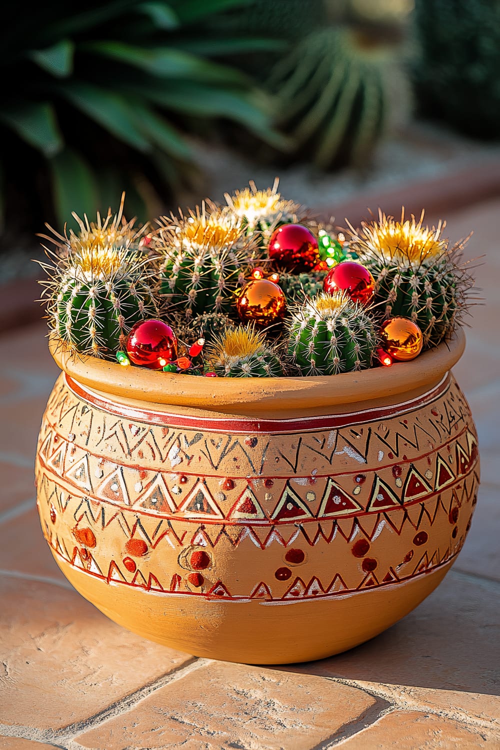 A handcrafted adobe clay pot with intricate Southwestern patterns, filled with a variety of cacti, such as Christmas Cactus, Prickly Pear, and golden Barrel Cactus. The cacti are adorned with bright red and orange glass ornaments and small fairy lights. The pot is placed on a terracotta tiled patio surrounded by desert rocks and sand, with warm golden hour sunlight casting soft shadows.