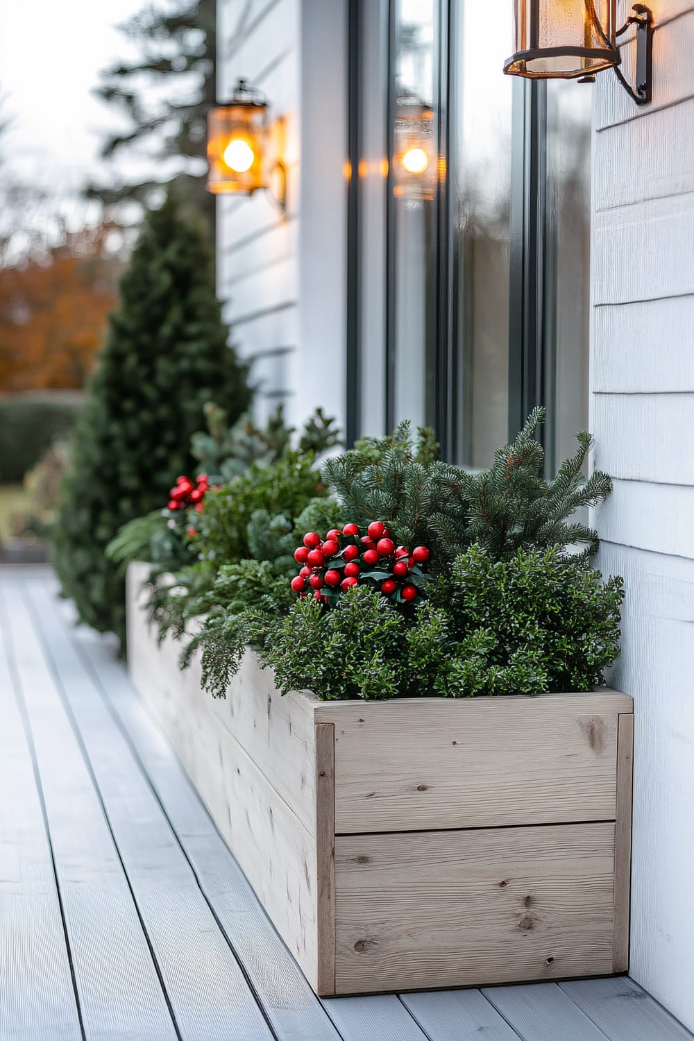 A minimalist Scandinavian-style planter made of light wood, containing green plants including Boxwood and Holly accented with red berries and small metallic ornaments. The planter is on a clean white patio with wooden decking, simple decor, and is lit by sconces.