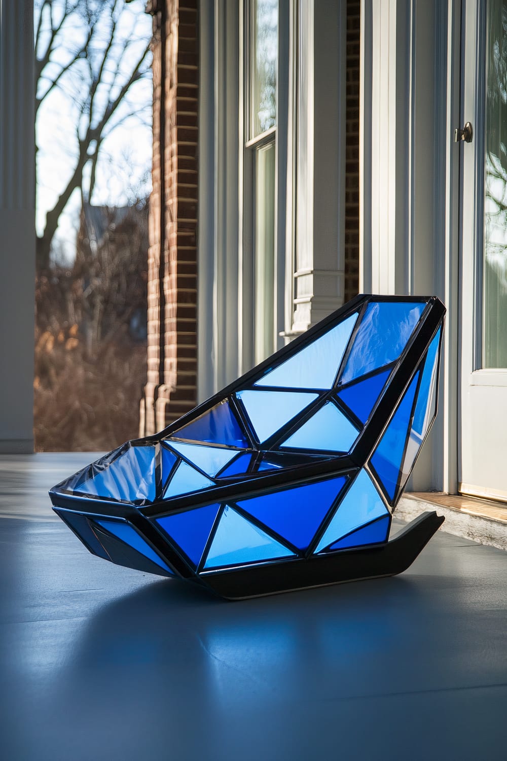 A modern metal sled with a geometric design featuring various shades of bright blue panels, set on a clean gray porch floor. The sled is positioned near large windows with a brick wall and leafless trees visible in the background.