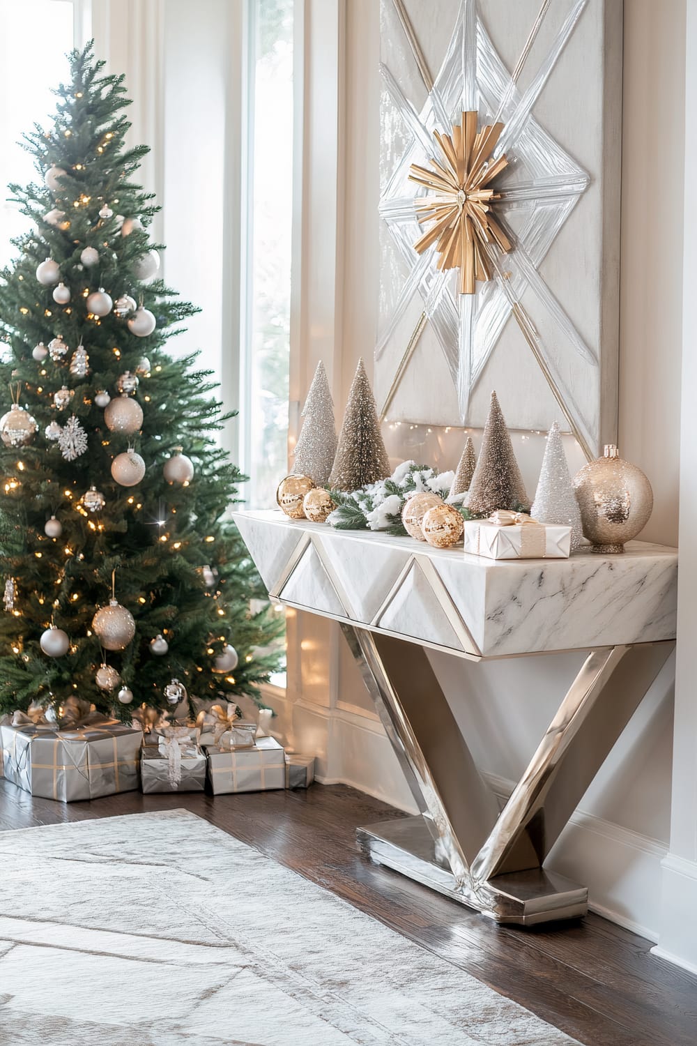 A sophisticated holiday-themed interior with a Christmas tree adorned with silver ornaments standing next to a marble console table. The console is decorated with glittering miniature Christmas trees, gold ornaments, and a small gift box. Behind the console is a large, modern geometric wall art with a starburst motif incorporating gold and silver elements. Wrapped presents are placed under the tree, which is illuminated by soft white lights.