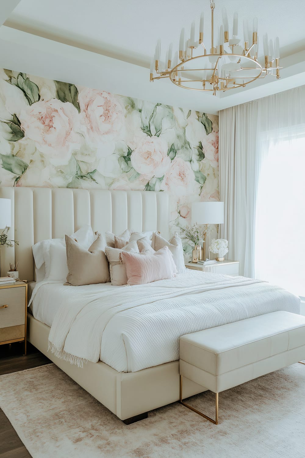 A tastefully decorated bedroom features a beige tufted headboard bed with white and light pink bedding and accent pillows. A large floral wallpaper with pink and green hues adorns the wall behind the bed. Two modern golden bedside tables with white lamps and minimalistic floral arrangements flank the bed. The room is illuminated by a large, elegant gold chandelier and natural light streams in through a large window with sheer white curtains.