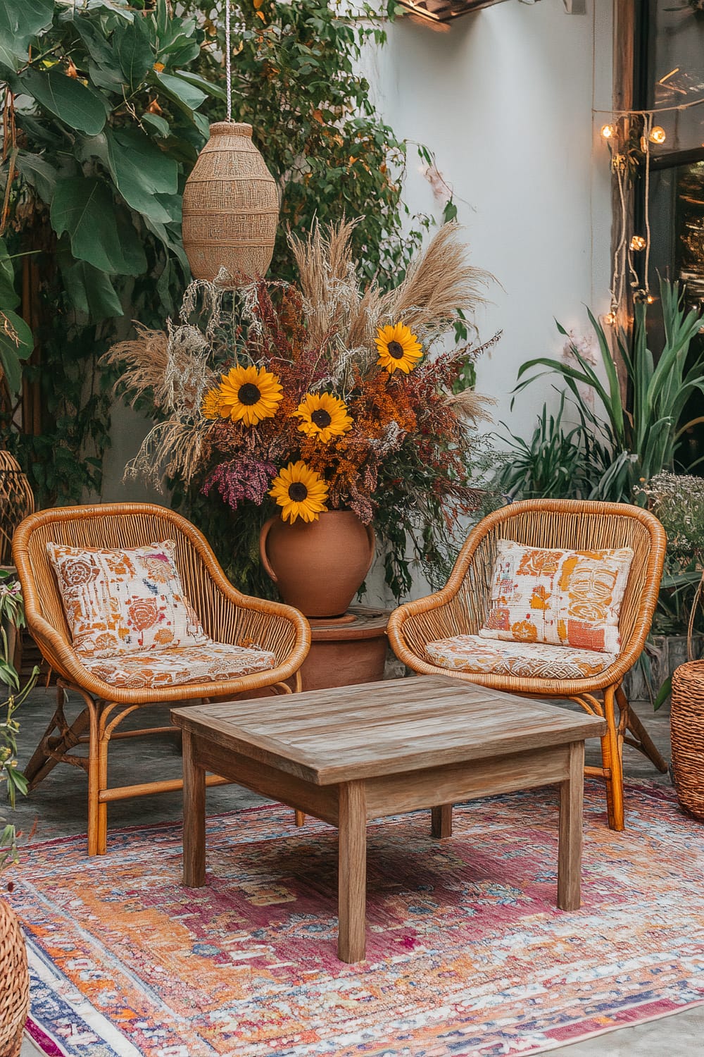 An inviting outdoor seating area features two wicker chairs with colorful, patterned cushions. Between them is a rustic wooden coffee table placed on an ornate, multi-colored rug. In the background, a large earthen pot overflows with pampas grass and vibrant sunflowers. The space is surrounded by lush green foliage, and a woven hanging lamp adds to the organic feel.