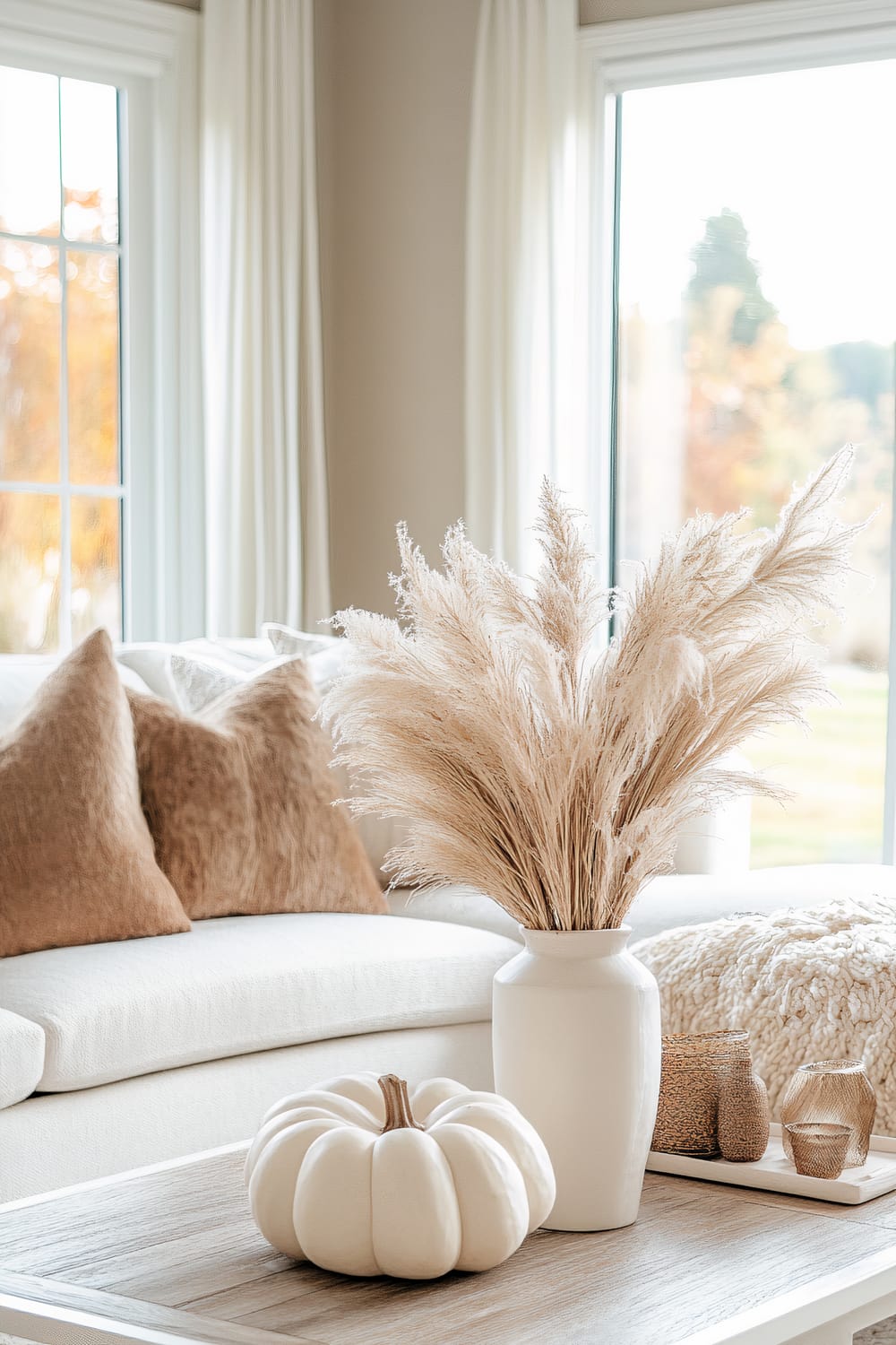 A cozy living room scene showcasing a soft, neutral-toned sofa adorned with two textured, brown cushions and a plush throw blanket. A wooden coffee table in front hosts a white ceramic vase filled with pampas grass, a white decorative pumpkin, and small woven gold candle holders, all set against large windows that flood the room with natural light, revealing a glimpse of fall foliage outside.