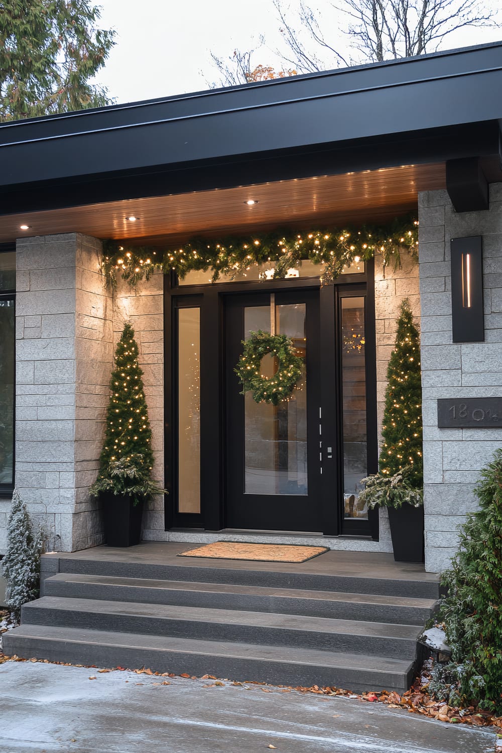 A contemporary front entrance of a house adorned with holiday decorations. The doorway, framed by modern black double doors with frosted glass panels, is flanked by tall planters holding cone-shaped evergreen trees wrapped in white Christmas lights. Above the door, a garland with integrated lights spans the doorway's width, adding festive illumination. A green wreath hangs on the right door, complementing the overall holiday theme. The entrance is elevated by three concrete steps, and a beige welcome mat is positioned at the doorstep. The exterior house walls are made of light grey stone, with sleek, rectangular light fixtures on both sides of the door. Leafy trees and shrubs are visible in the background, suggesting a winter season setting.