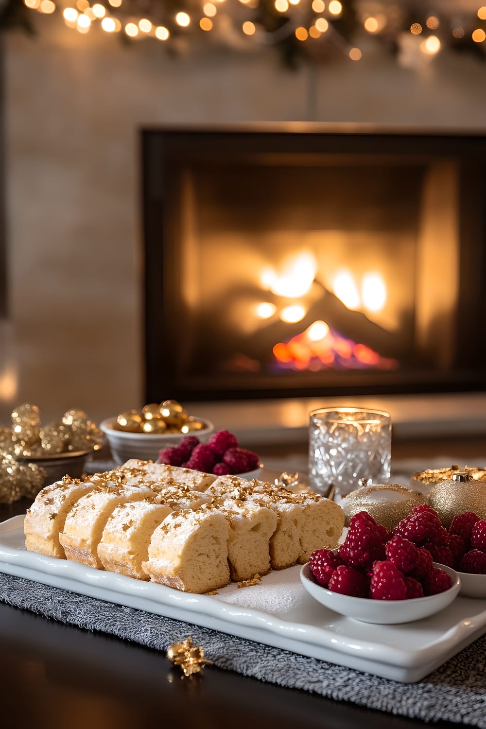 A well-lit, welcoming fireplace area set up for New Year’s Eve celebration. A table nearby holds a white ceramic platter with slices of Italian panettone, two small bowls of fresh berries, and three silver dessert forks. Gold confetti pieces and two gold star decorations are scattered around the platter. The fireplace in the background softly illuminates the dark space, highlighting the table and its treats, creating a pleasant contrast with the dark wooden surface of the table.