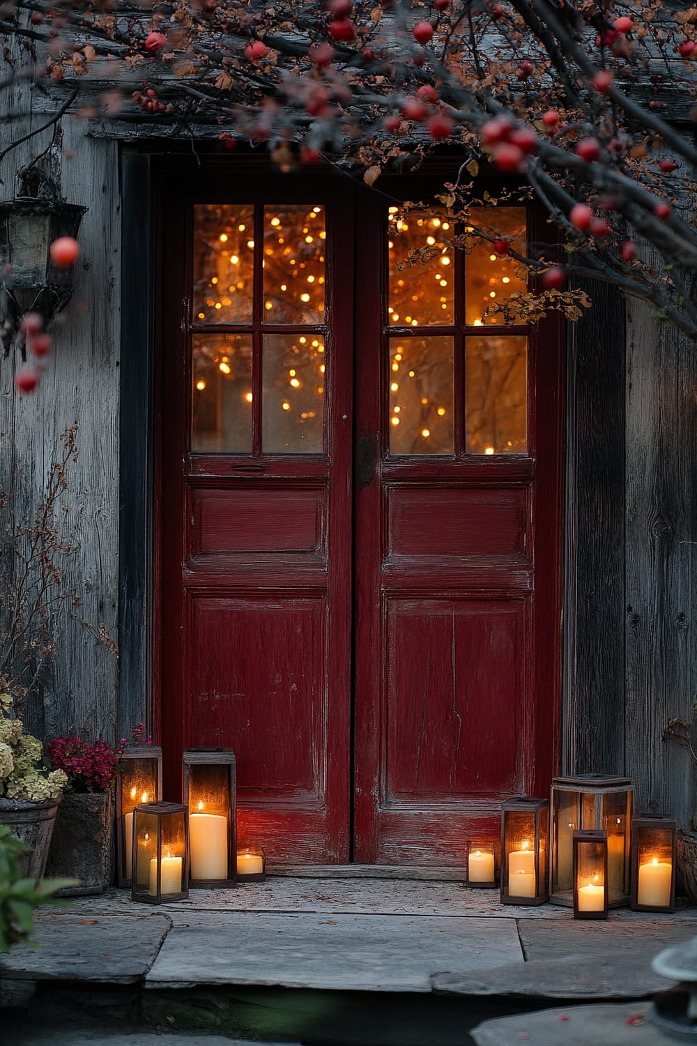 A weathered red door set in an old wooden wall is adorned with numerous LED candles in lanterns, casting a warm amber glow. The entrance is surrounded by plants and branches adorned with small red berries, adding a charming rustic touch.