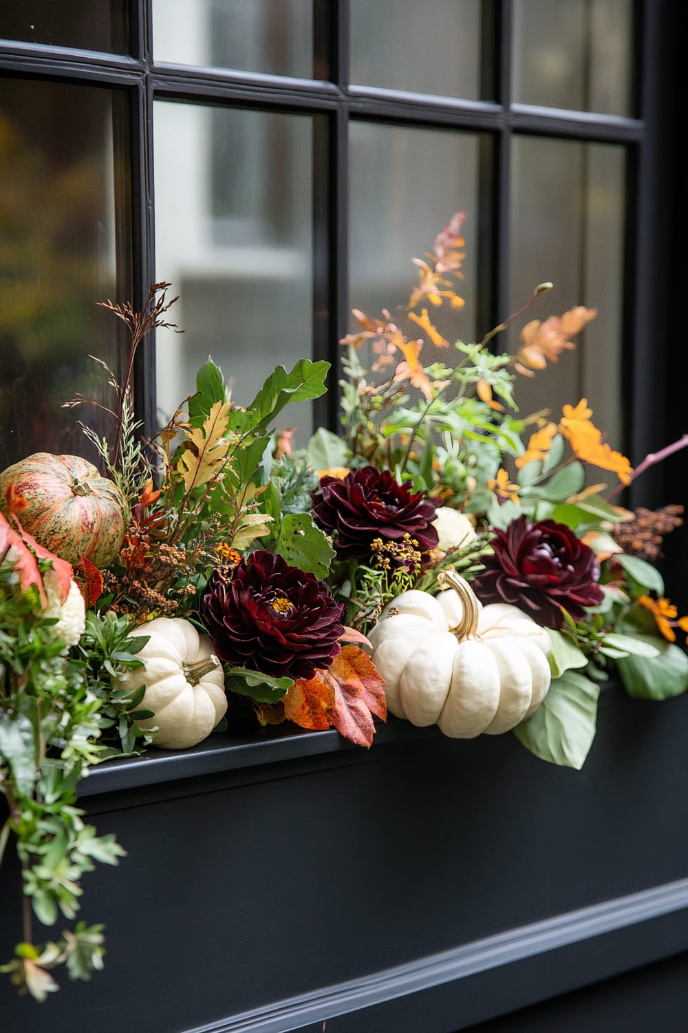 A close-up view of a black window box filled with autumn-themed decorations. The arrangement includes small white and orange pumpkins, deep red flowers, green foliage, and various autumn leaves in shades of red, yellow, and orange. The backdrop is a black window with divided panes, reflecting a blurred-out exterior scene.