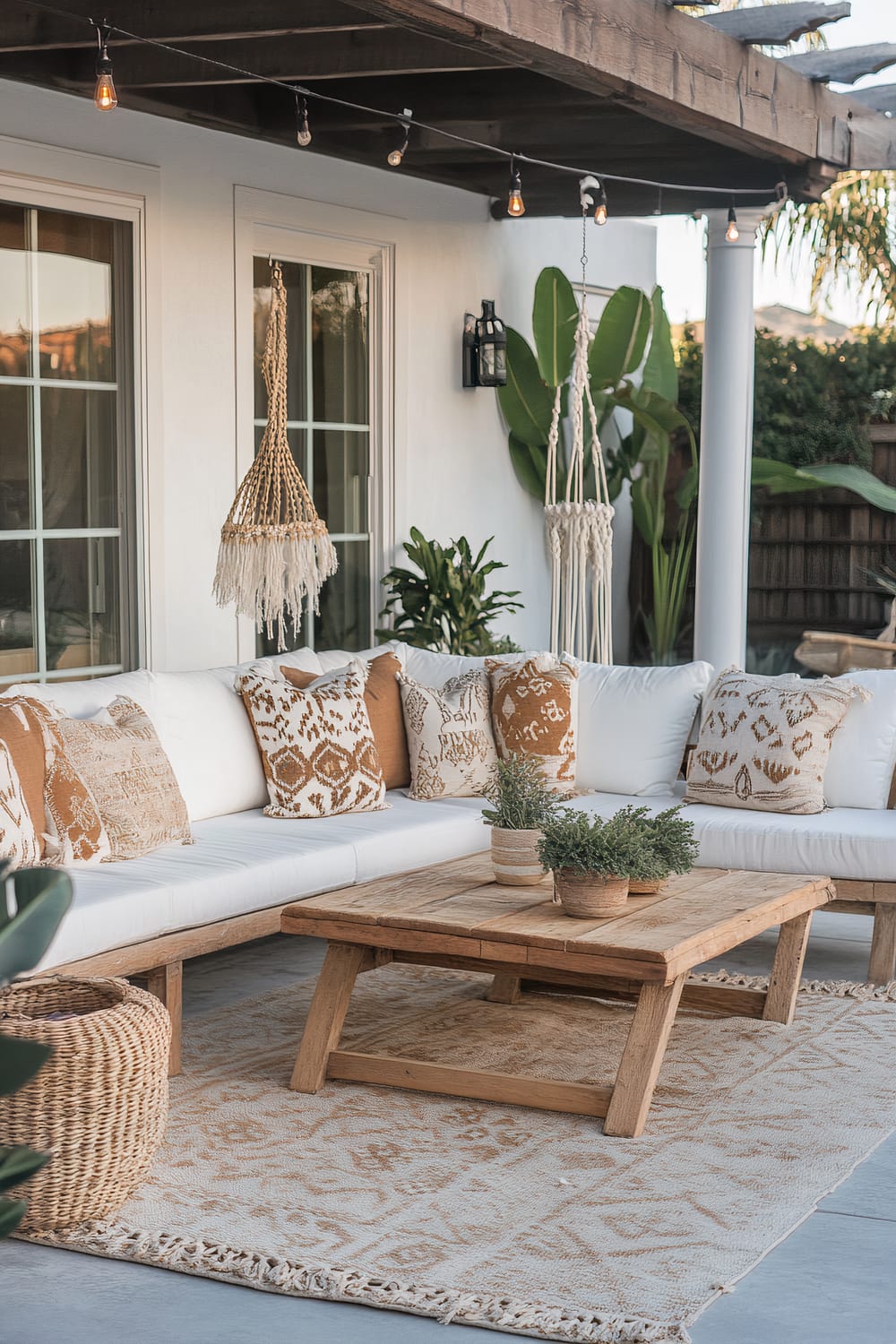 A stylish outdoor patio featuring a white sectional sofa adorned with patterned brown and white pillows. A rustic wooden coffee table sits on a beige patterned rug, with small potted plants on top. String lights hang from a pergola above, and macrame plant hangers are suspended on either side of the sofa. Large green plants add greenery to the space, and wicker basket adds an additional natural touch.