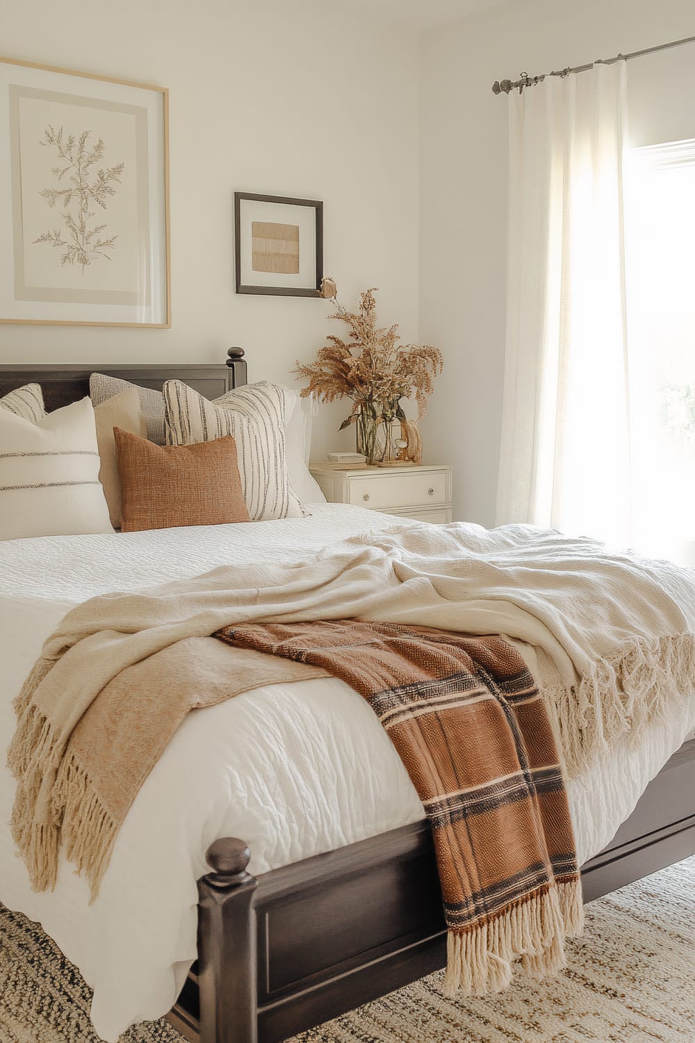 A bedroom with a dark wooden bed frame topped with a white quilt, cream and earth-tone throw blankets, and several pillows in neutral colors. On the bedside table, there is a vase with dried floral arrangements, and a bright window with white curtains is visible on the right. Above the bed are two framed pieces of wall art: one with a botanical illustration and another with a geometric pattern.