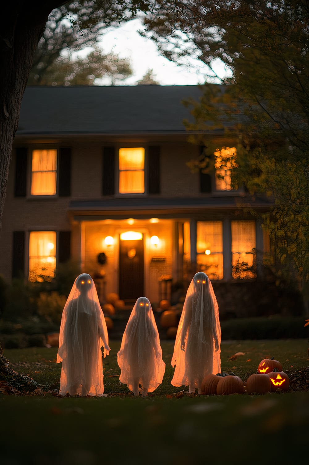 A spooky Halloween decoration featuring three ghostly figures standing in the front yard of a classic suburban home. The ghostly figures are semi-transparent with glowing eyes and flowing, ethereal garments. They are illuminated by warm porch lights from the house behind them. The yard has a few pumpkins and autumn leaves, adding to the Halloween ambiance. The setting is at twilight.