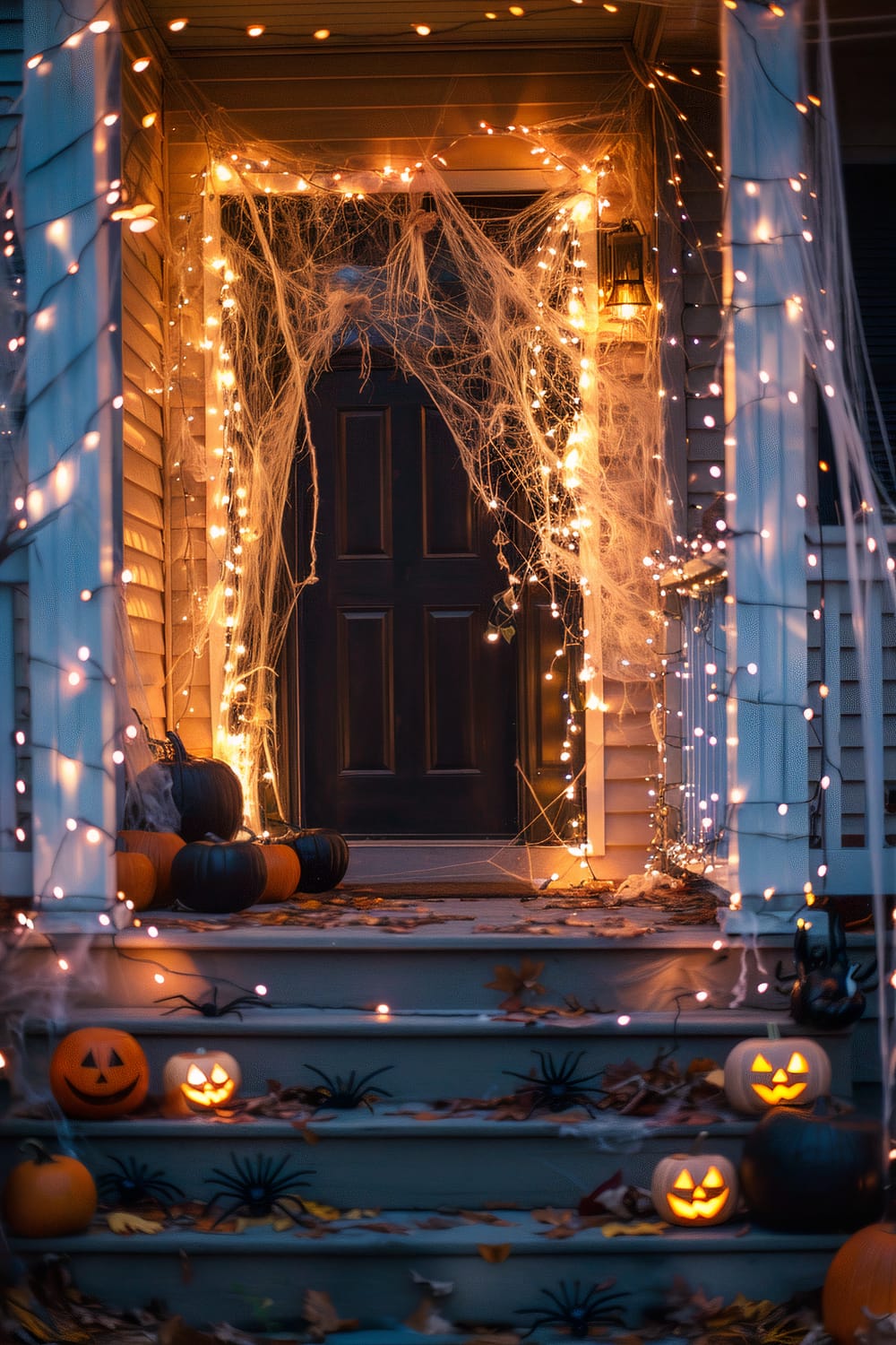 A house porch decorated for Halloween. The front door is surrounded by fake cobwebs and illuminated by soft, warm string lights. The steps leading to the door are adorned with pumpkins, some of which are carved jack-o'-lanterns, and fake black spiders. Fallen autumn leaves are scattered around, contributing to the festive atmosphere.