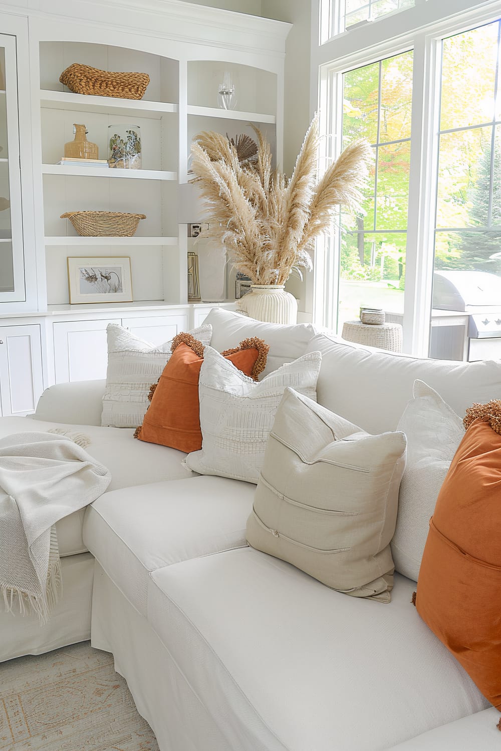 A living room featuring a white sectional sofa adorned with cream and orange accent pillows. A soft blanket is draped over the corner of the sofa. Behind the sofa, there is a white built-in bookshelf displaying wicker baskets, decorative objects, and framed artwork. In front of large windows, a ceramic vase filled with pampas grass adds a touch of natural elegance.