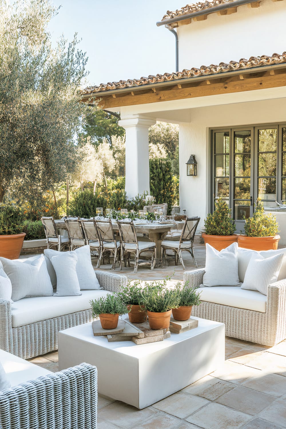 A spacious outdoor patio featuring a large wooden dining table with a set of eight matching wooden chairs, arranged under a covered porch area. In the foreground, there are two white cushioned wicker sofas facing each other with several white throw pillows. Between the sofas is a white rectangular coffee table topped with small terracotta potted plants. The scene is adorned with well-manicured greenery including trees and shrubs, along with large terracotta pots containing more plants. A nearby building with white walls and tile roofing completes the serene, inviting atmosphere.