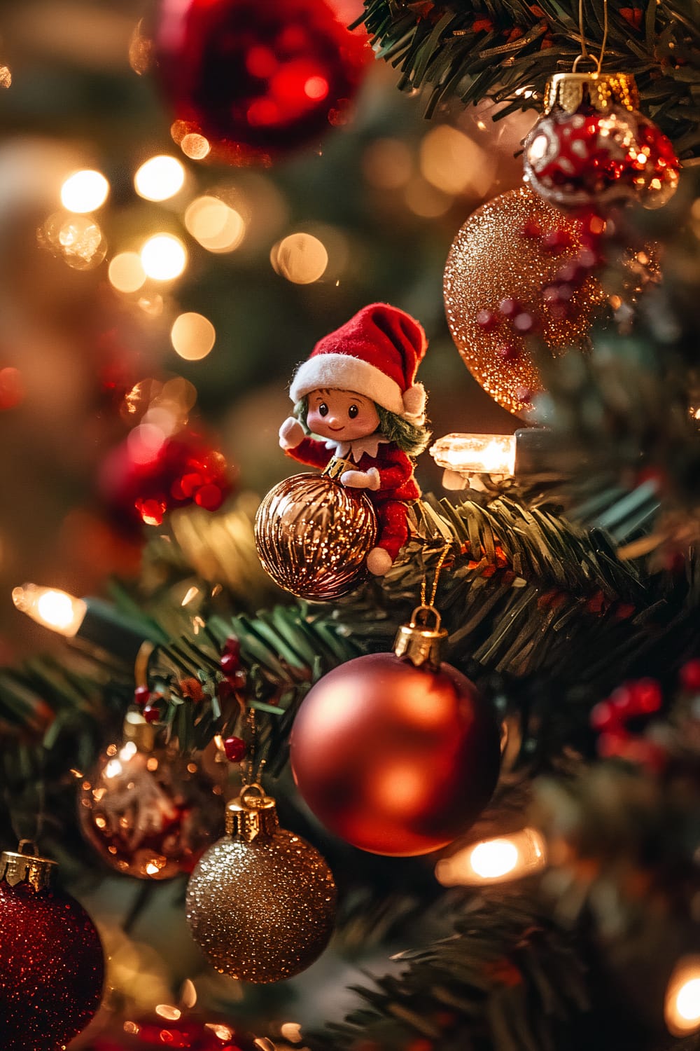 An Elf on the Shelf perched on a decorated Christmas tree branch. The elf is surrounded by twinkling fairy lights and colorful ornaments in vibrant reds, golds, and greens. The scene is bathed in warm, soft lighting, creating a magical glow, with the elf being the main focus of the image.