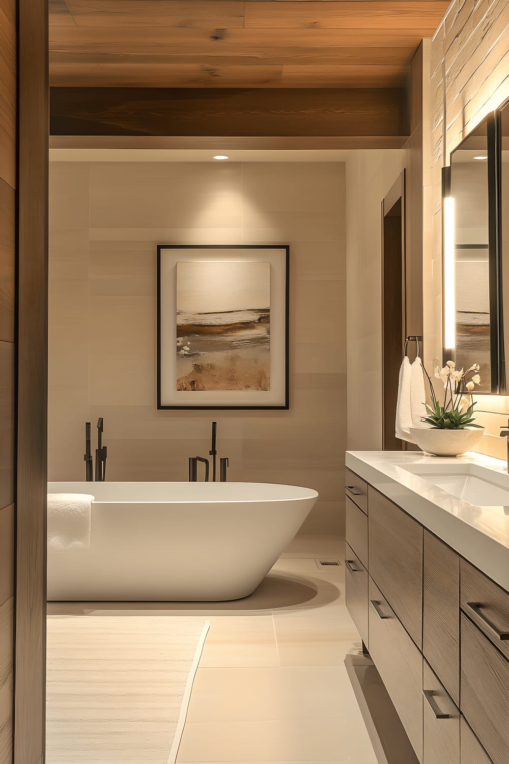 A close-up image of a modern bathroom highlighting a matte black faucet, white freestanding tub below it, large backlit mirror on the wall behind, and warm subdued indirect lighting casting a soothing ambiance.