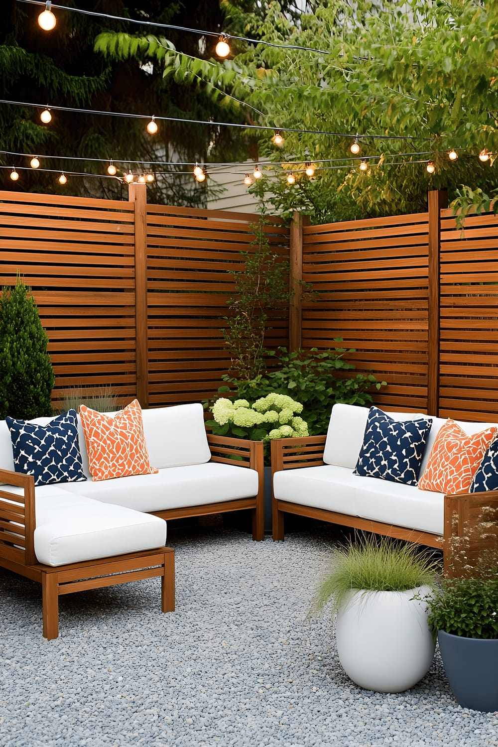 A charming outdoor seating area situated on a gravel patio featuring modern wooden furniture adorned with white cushions and accessorized with navy and orange patterned throw pillows. The area is enclosed by a wooden fence and surrounded by verdant plant life, embracing a balance between man-made and nature's beauty. Strung overhead are warm string lights adding to the inviting ambiance while a potted plant included in the setting further enhances the organic appeal.