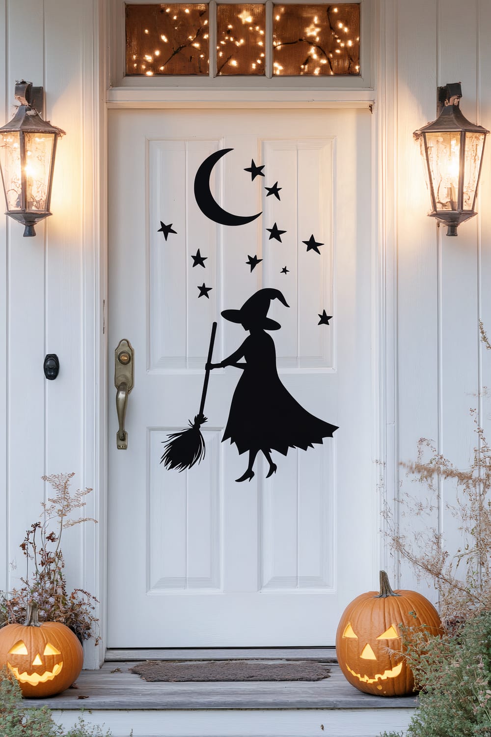 A white front door adorned with a Halloween-themed silhouette of a witch riding a broomstick under a crescent moon and stars. The door is flanked by two vintage lantern-style lights, illuminating the scene warmly. Above the door, there are string lights adding a festive touch. Two carved pumpkins with lighted jack-o'-lantern faces sit on either side of the door.