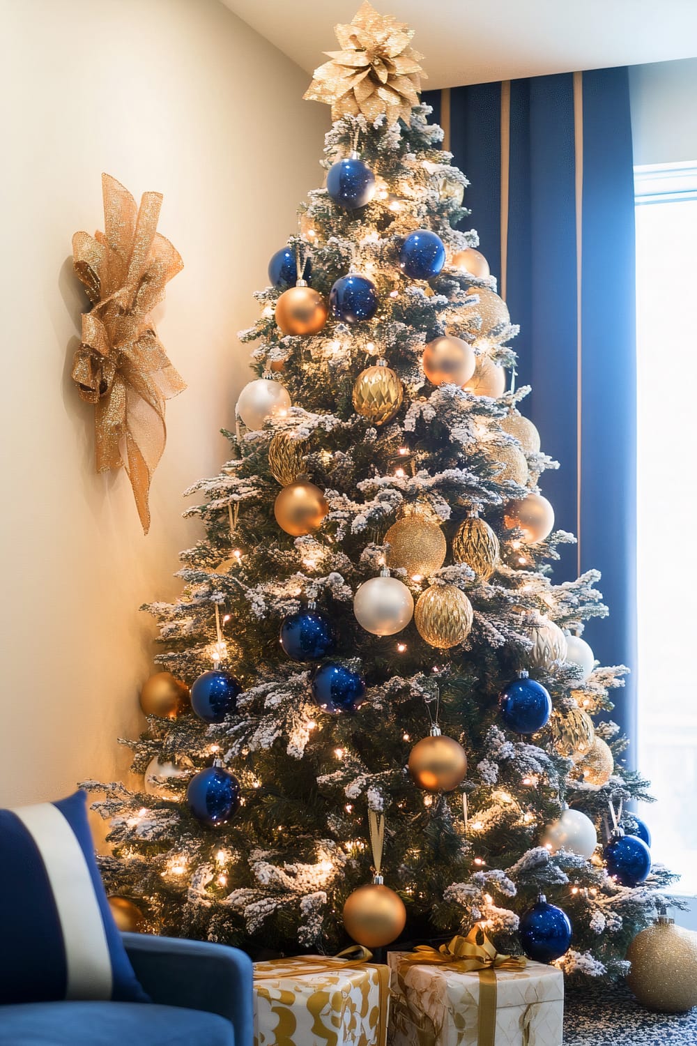 A decorated Christmas tree adorned with a mix of blue, gold, and white ornaments is prominently placed in a cozy corner of a modern living room. The tree is topped with a gold star decoration and has frosted branches, adding a wintery touch. Lights are interwoven among the branches, casting a warm glow. Wrapped gifts with gold and white wrapping paper and ribbons are positioned under the tree. Blue and gold striped drapes are partially visible behind the tree, complementing the room’s color palette. A blue armchair is situated nearby, echoing the blue ornaments and décor.