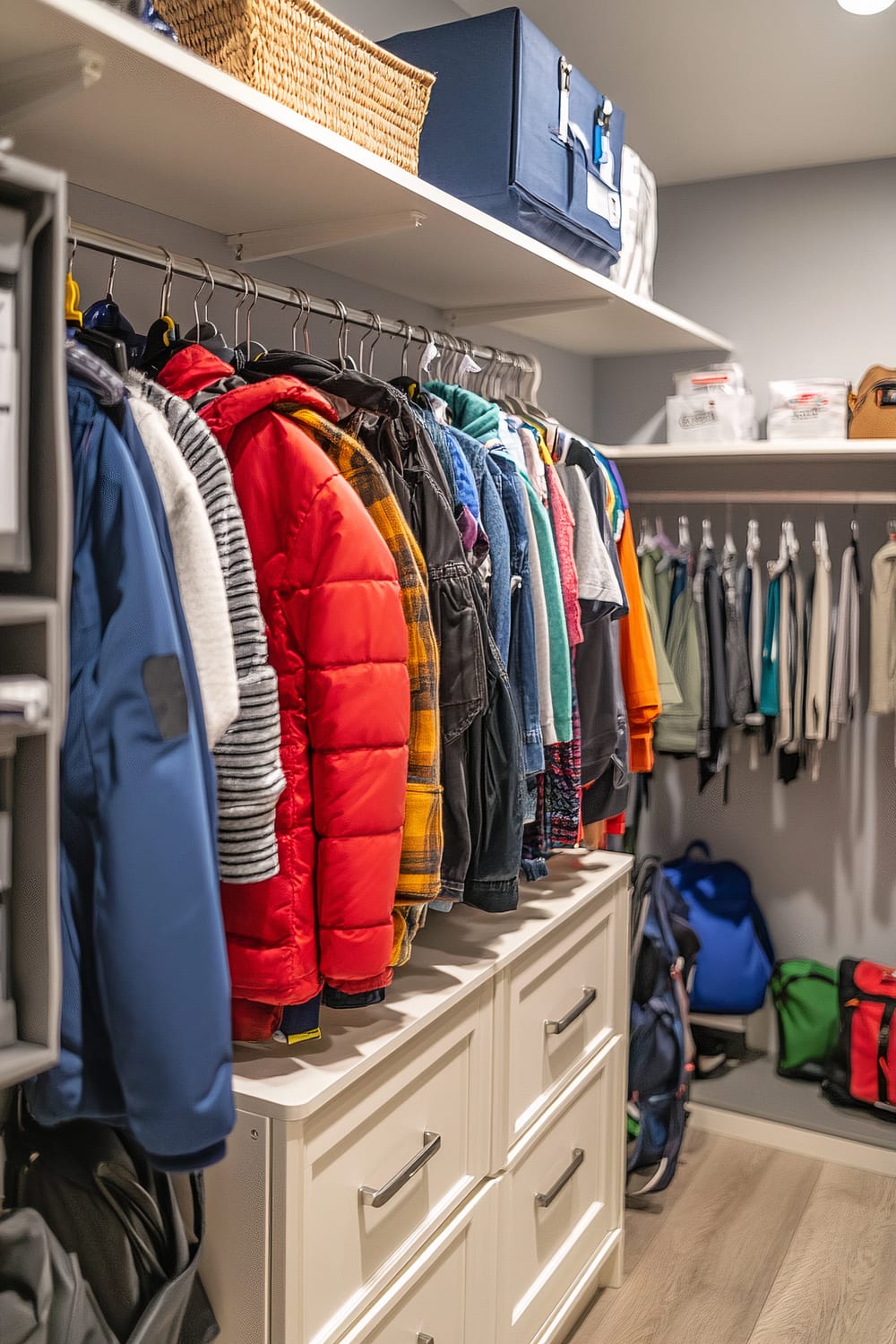 A well-organized pre-teen closet with built-in seasonal storage. The closet features mid-level rods with neatly arranged clothes, labeled bins and boxes for off-season items on the upper shelves, and a central shelving unit with pull-out drawers and interchangeable labels. Hooks for sports gear and backpacks are also visible, alongside a small standing mirror.