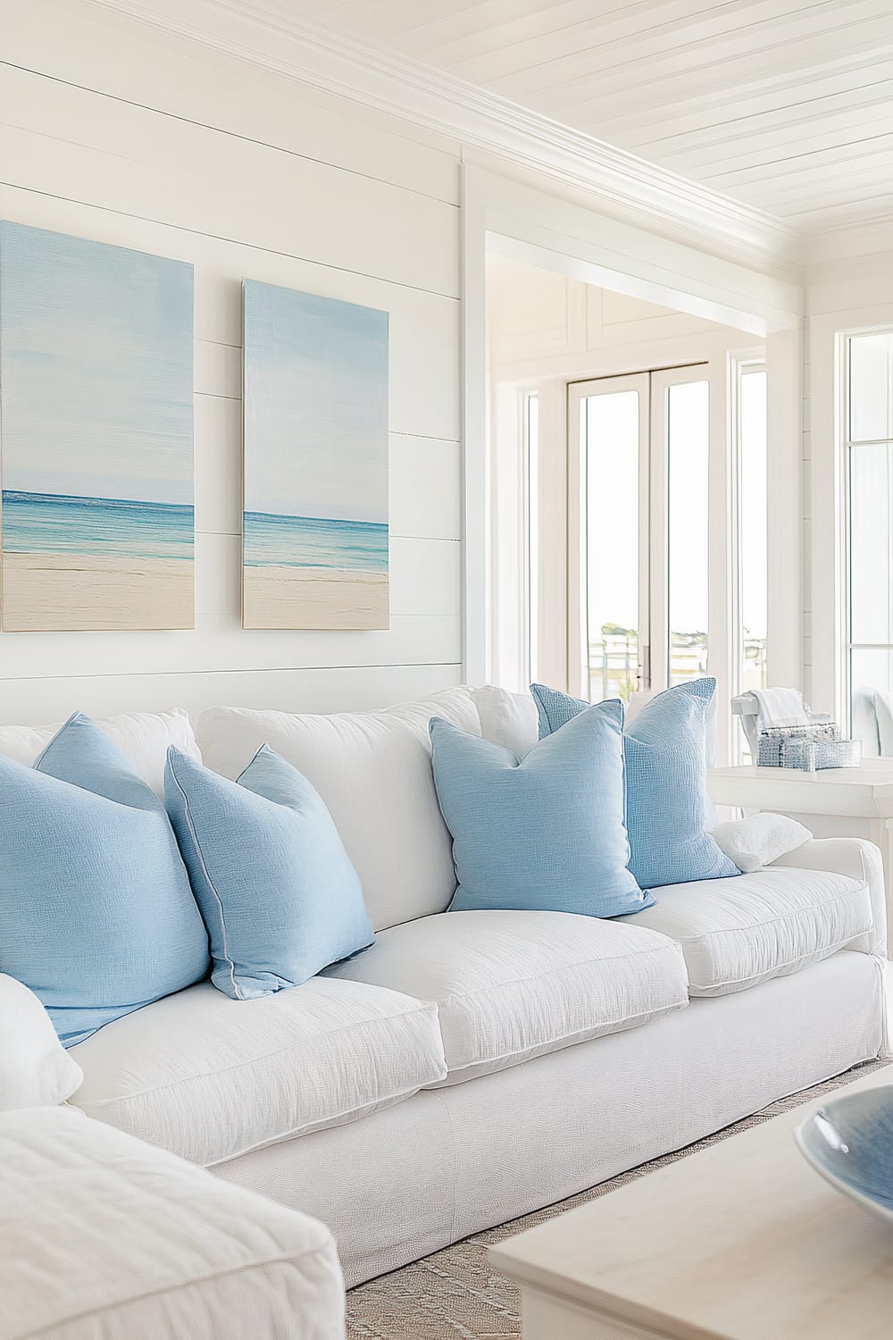 A bright, airy living room features a large white sofa adorned with blue throw pillows. Above the sofa, there are two paintings of serene beach scenes. The room has a coastal décor style, with shiplap walls, a shiplap ceiling, and abundant natural light streaming through large windows and glass doors.