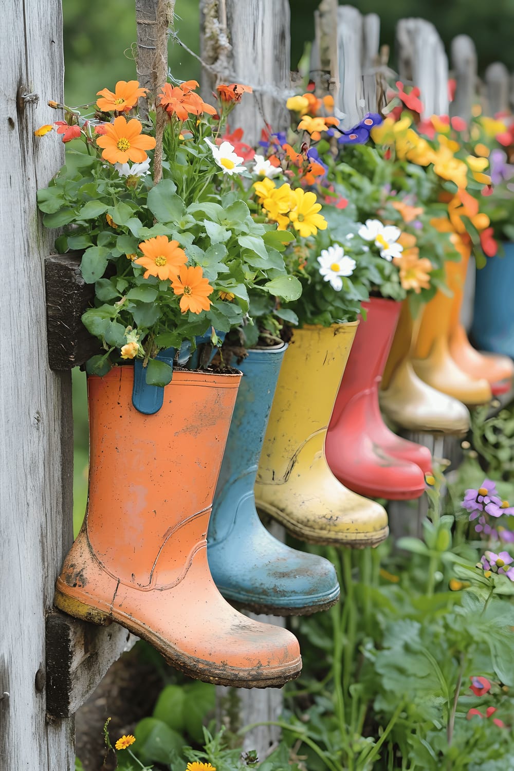 A rustic wooden fence with a series of old, colorful rain boots hanging from it, each filled with bright and cheerful flowers including daisies, marigolds, and nasturtiums, adding a playful and creative touch to the garden.