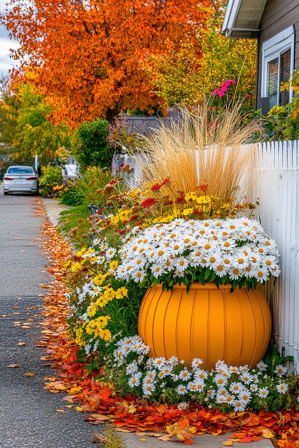 A colorful autumn street scene featuring a bright orange planter filled with a vibrant arrangement of white daisies, yellow flowers, and dry ornamental grasses. The garden extends alongside a white fence, further beautified by fallen leaves in shades of red and orange. In the background, lush trees adorned with rich autumn foliage in warm hues of red and orange dominate the scene, while a white car is parked along the street.