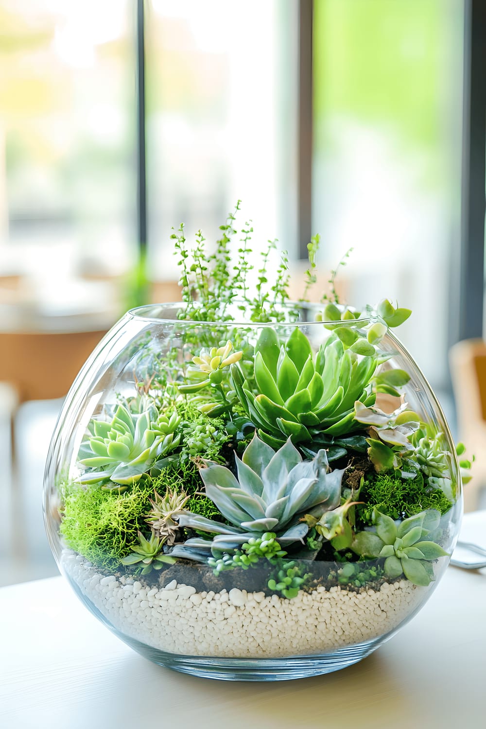 A Scandinavian-style dining room with a large rectangular wooden table featuring a glass terrarium as a centerpiece filled with various green succulents, moss, and small white pebbles. The room has light-colored wooden furniture, white walls, and large windows that let in ample natural light. The terrarium stands out against the minimalist space.