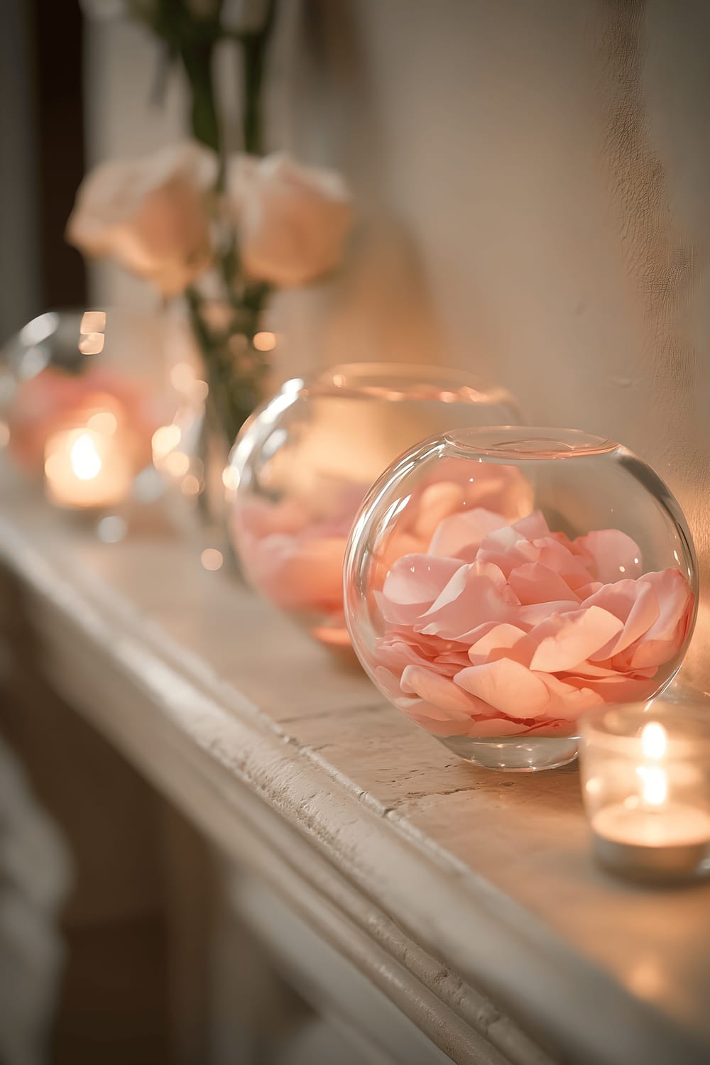 A simple mantel displays an arrangement of transparent glass orbs, each filled with floating rose petals. The mantel is softly lit by the glow of underlying candlelight, casting an enchanting and romantic ambiance.