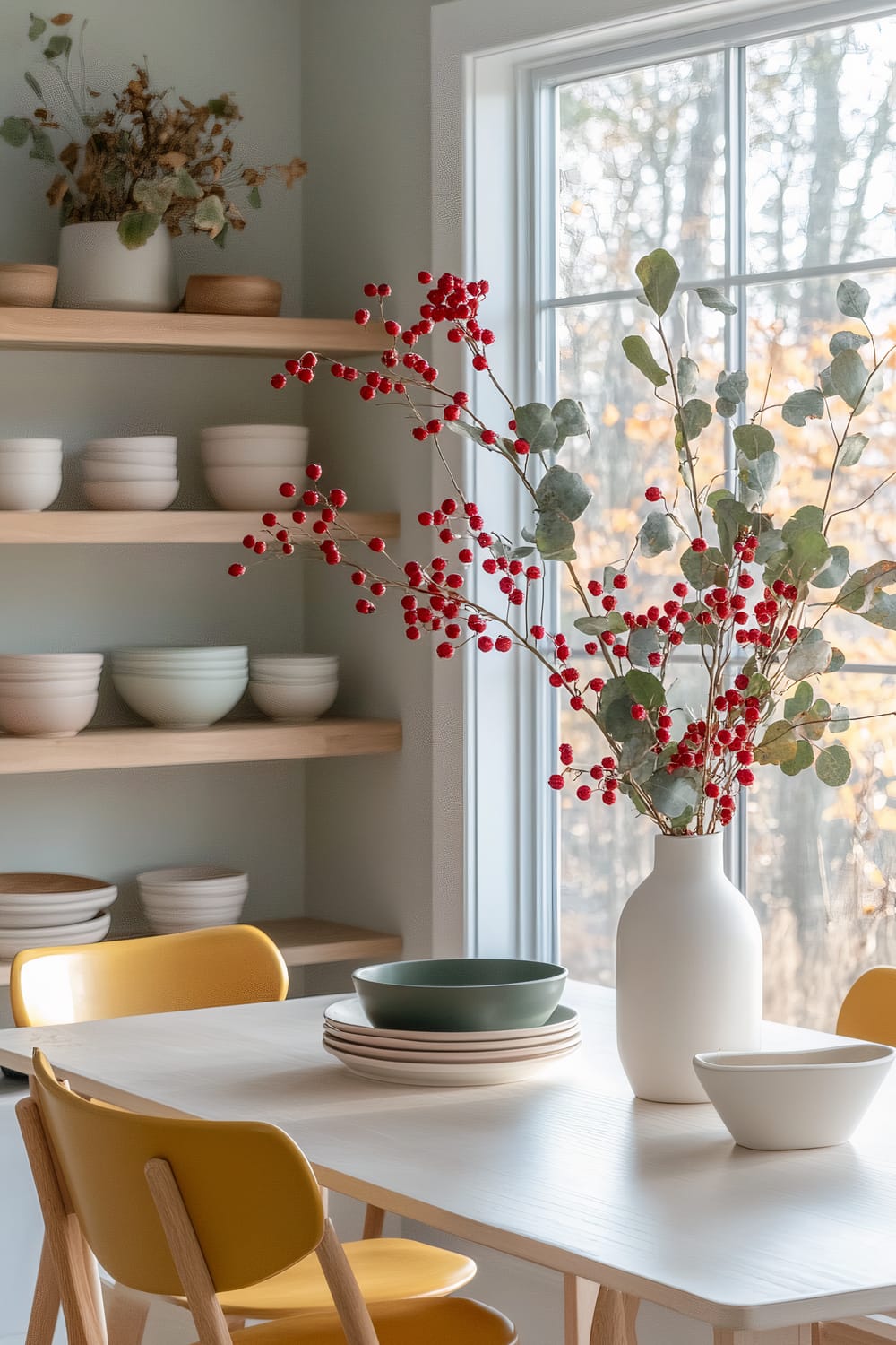 A Scandinavian-inspired kitchen nook adorned for Thanksgiving. It features a white wooden table with minimalist mustard yellow chairs. Light oak shelves display simple ceramic dishes in sage green and blush pink. A white vase with eucalyptus branches and bright red berries serves as a centerpiece. Soft natural light streams through large windows, creating a bright and airy atmosphere.