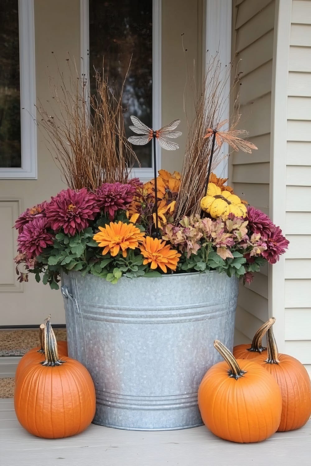 A galvanized metal bucket brims with an array of autumnal flowers including vibrant orange and purple blossoms, complemented by earthy foliage. Tall twigs stand upright among the flowers, adorned with two metallic dragonfly decorations. Surrounding the bucket are four pumpkins of varying sizes, arranged on a porch in front of a beige-painted house. The setting exudes a festive fall ambiance.