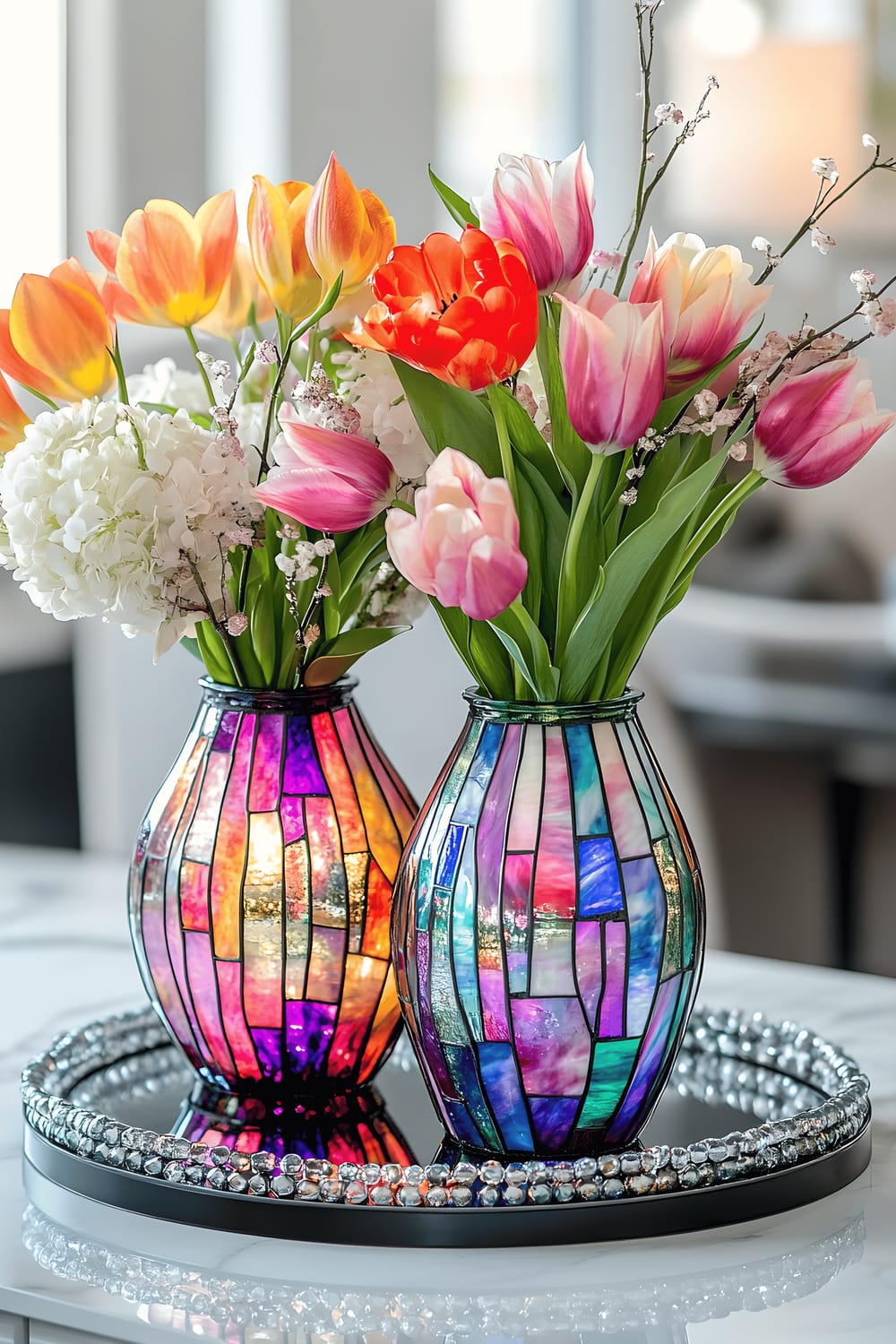 A stunning centerpiece on a white marble table featuring a collection of colorful Tiffany-style stained glass vases filled with fresh tulips and dahlias. The vases are arranged in a symmetrical pattern on a sleek black mirrored tray, surrounded by small glass beads and metallic accents. A grey runner lies subtly under the tray. The scene is tastefully lit, highlighting the vibrant colors and intricate patterns of the glass.