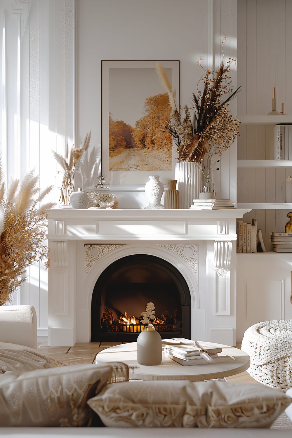 The image depicts a beautifully decorated living room centered around an elegant fireplace. The fireplace has intricate white carvings and black firebox, with a warm fire burning inside. Above the mantel is a large framed photograph of an autumnal scene with golden foliage. The mantel is adorned with various decorative items including white vases and dried floral arrangements. To the right of the fireplace is a built-in shelf containing white ceramics and books. The room features a minimalistic aesthetic with neutral tones, soft textures, and natural light pouring in, enhancing the serene and inviting atmosphere.