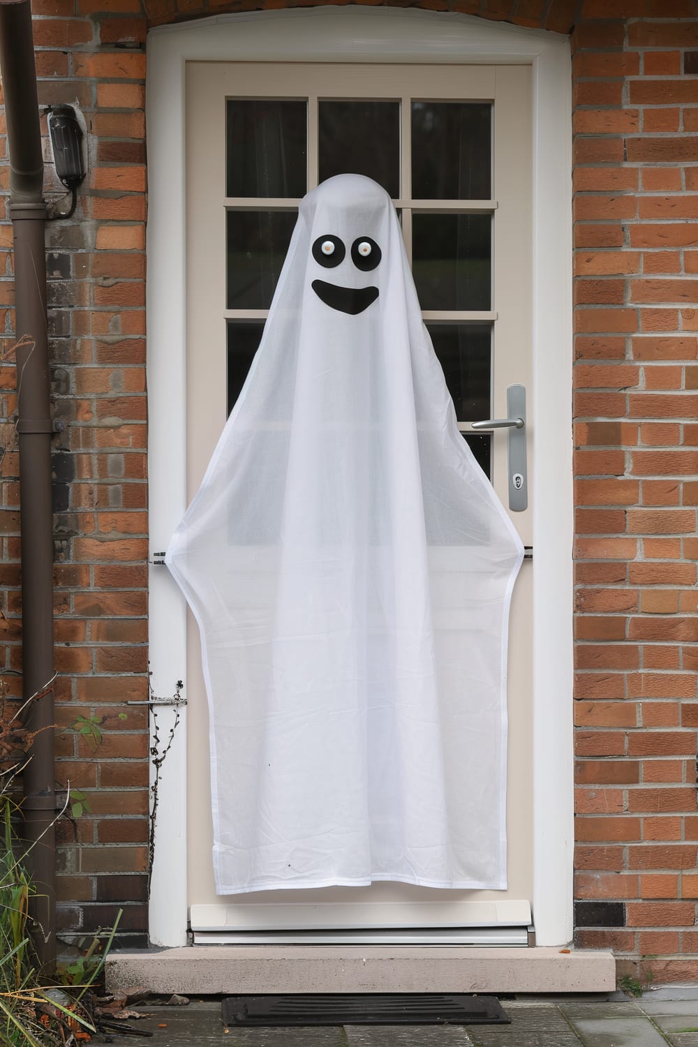 A door decorated for Halloween with a ghost made from a white sheet and black eyes and mouth cutouts. The door is part of a brick building with a glass window and a silver door handle.