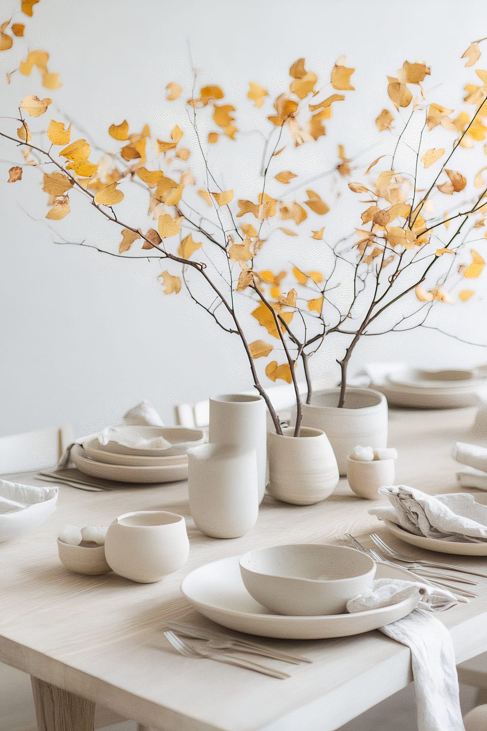 A minimalistic dining table set with white ceramic tableware, including plates, bowls, cups, and vases. The table is decorated with twigs featuring yellow autumn leaves. Neutral-toned napkins are placed alongside the tableware.