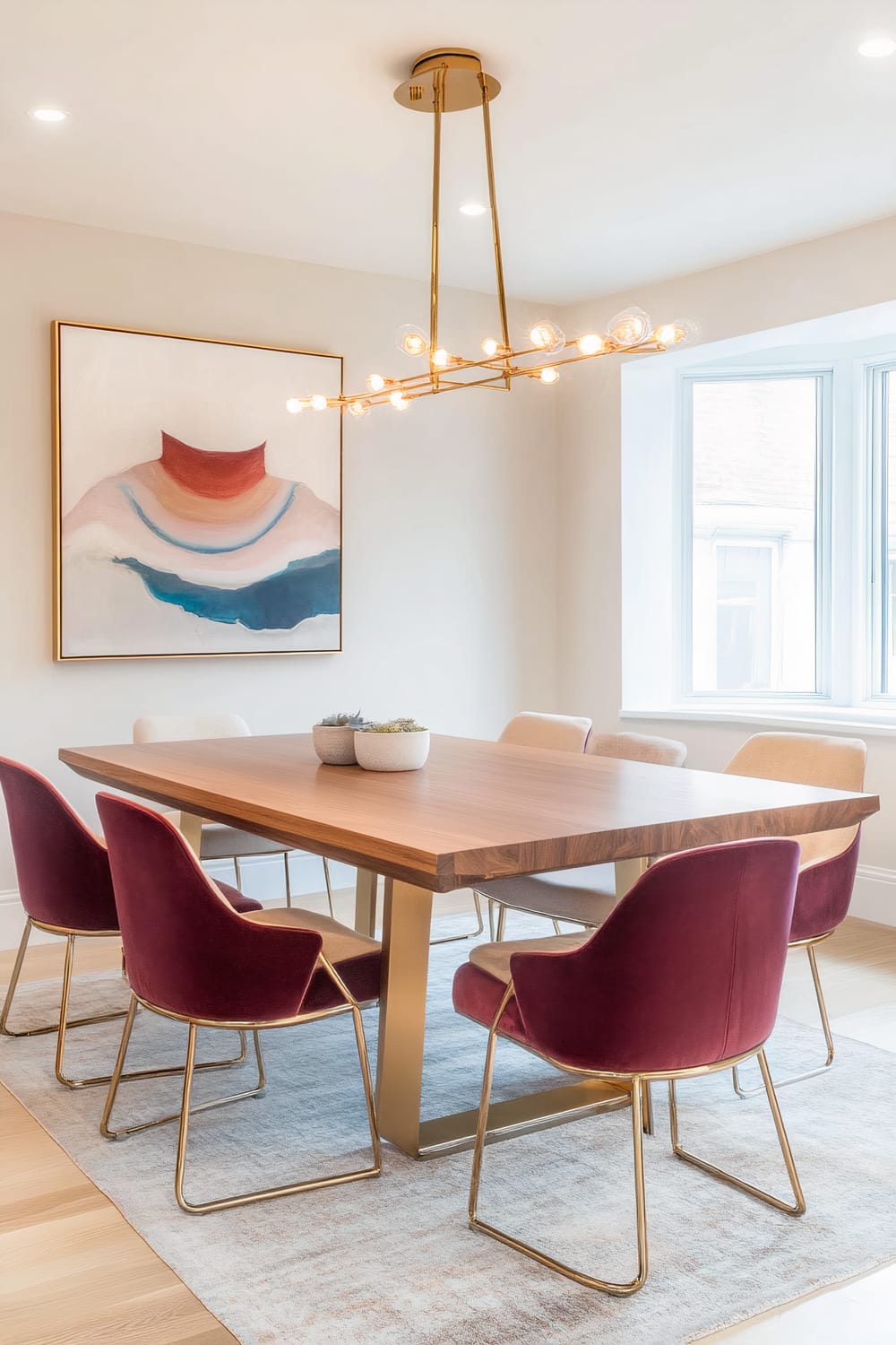 This image captures a modern dining room with a rectangular wooden table and a set of six chairs, four of which have rich burgundy upholstery and gold metal frames, while the other two are white. Above the table, a sleek gold chandelier with multiple exposed bulbs provides elegant illumination. A large abstract painting in muted tones is mounted on a light-colored wall, and a large window allows natural light to flood the space. The room features light wood flooring and a subtle rug underneath the table.