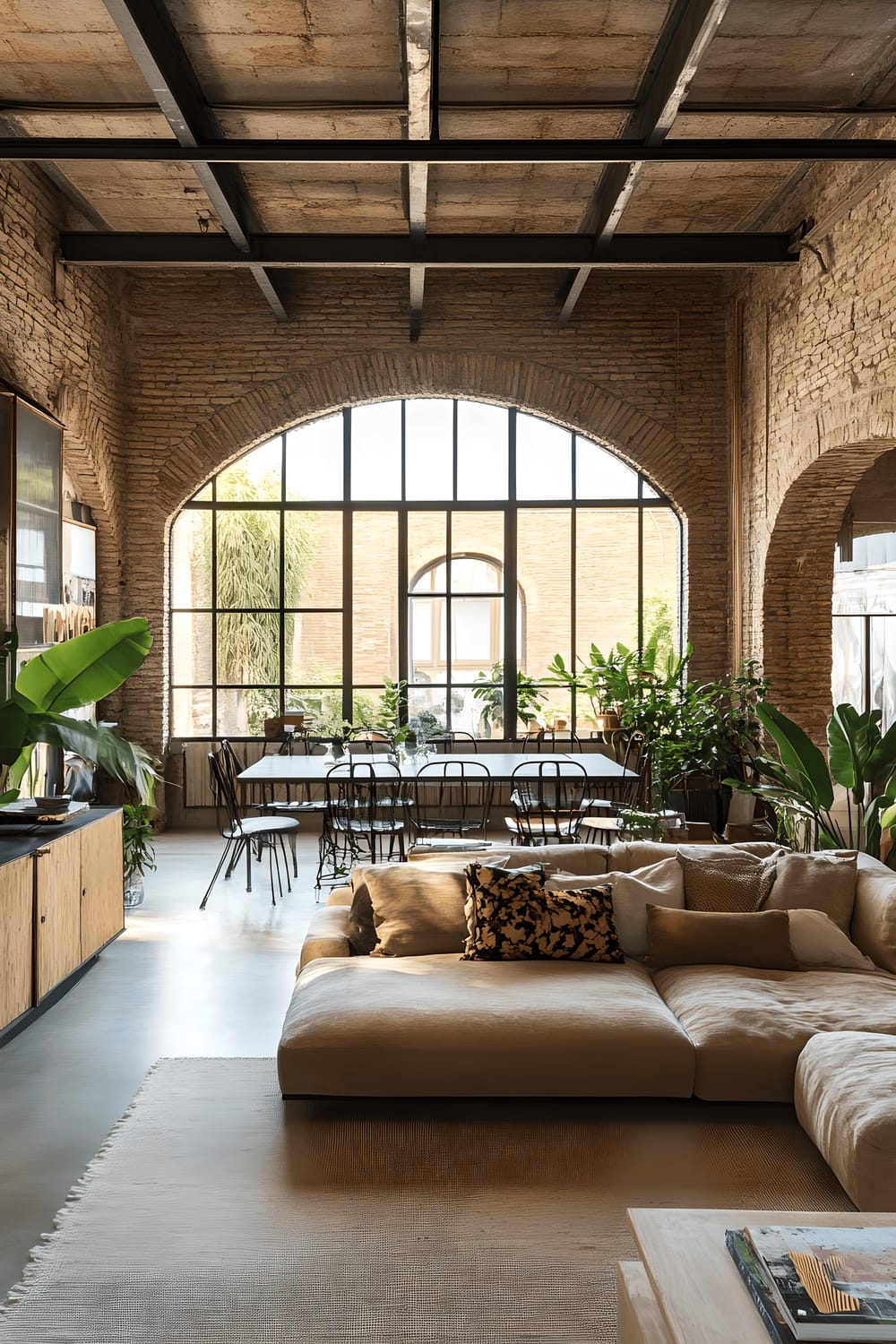 A panoramic view of a spacious, open-plan loft apartment showcasing industrial design combined with Catalan architectural elements. Prominent features include exposed brick walls and metal beams, large, arched windows, Catalan-inspired tile flooring, a modern sectional sofa in neutral tones facing a reclaimed wood media unit, and a metal and wood dining table paired with metal chairs near a sizable kitchen area. Scattered potted plants and minimalist decor dress the room, adding balance to the heavy industrial aesthetic.