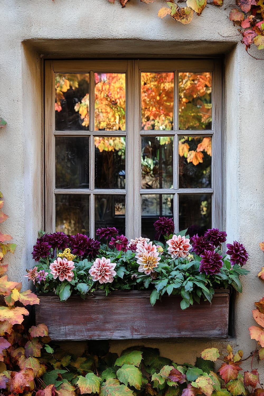 A close-up of a rustic wooden window surrounded by an autumnal vine. The window has a grid of six small panes, reflecting the colorful fall foliage outside. Below the window is a weathered wooden planter bursting with vibrant dahlias in shades of deep purple and soft pink, accompanied by lush green leaves.