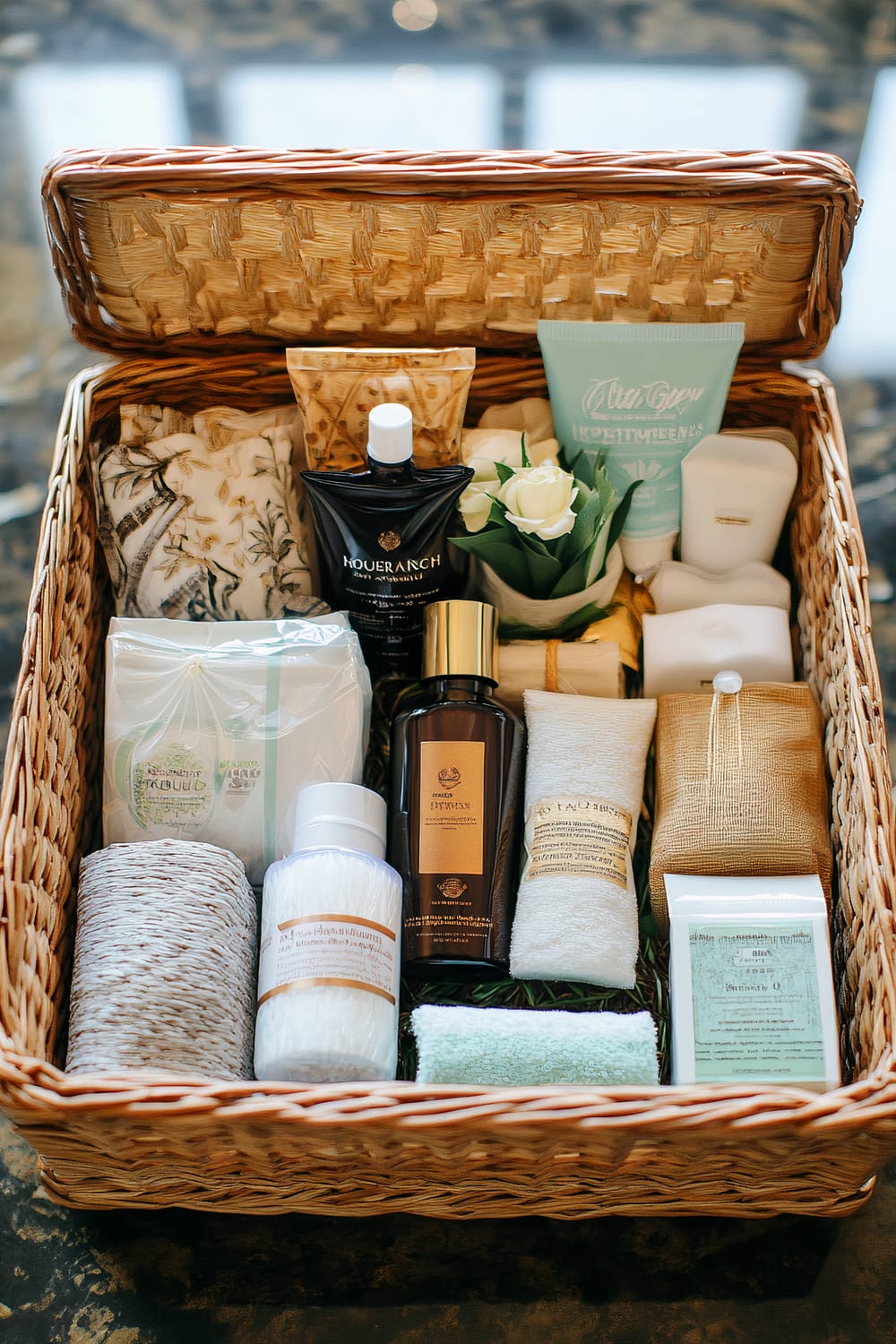 A wicker basket filled with a thoughtfully curated collection of spa and wellness products. The basket includes a floral-patterned fabric, various skincare items such as lotions, creams, and oils, neatly arranged along with a small bouquet of white artificial flowers. Products of different colors and packaging create a visually appealing assortment, suggesting a luxurious self-care gift set.