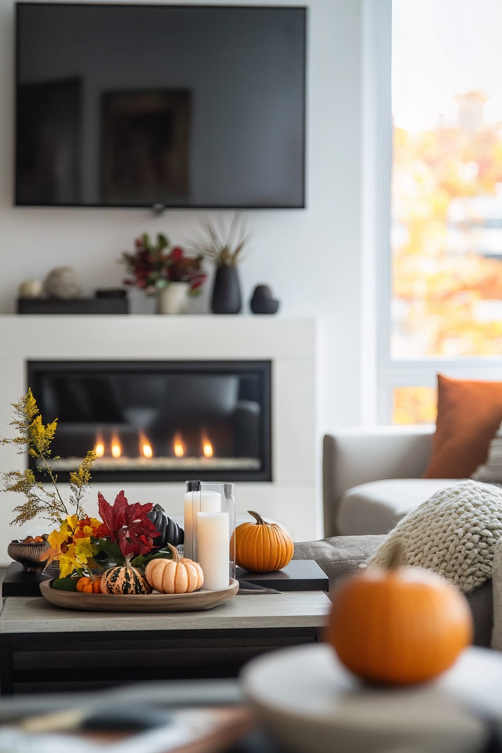 A contemporary living room with a fireplace. A large flat-screen TV is mounted above the white mantel, with decorative items including a vase, flowers, and pebbles arranged on top. In front of the fireplace, a table displays autumn-themed decorations, such as pumpkins, candles, and autumn leaves. A gray couch with a white knitted throw blanket is partially visible, alongside a window showing blurred autumn foliage outside.