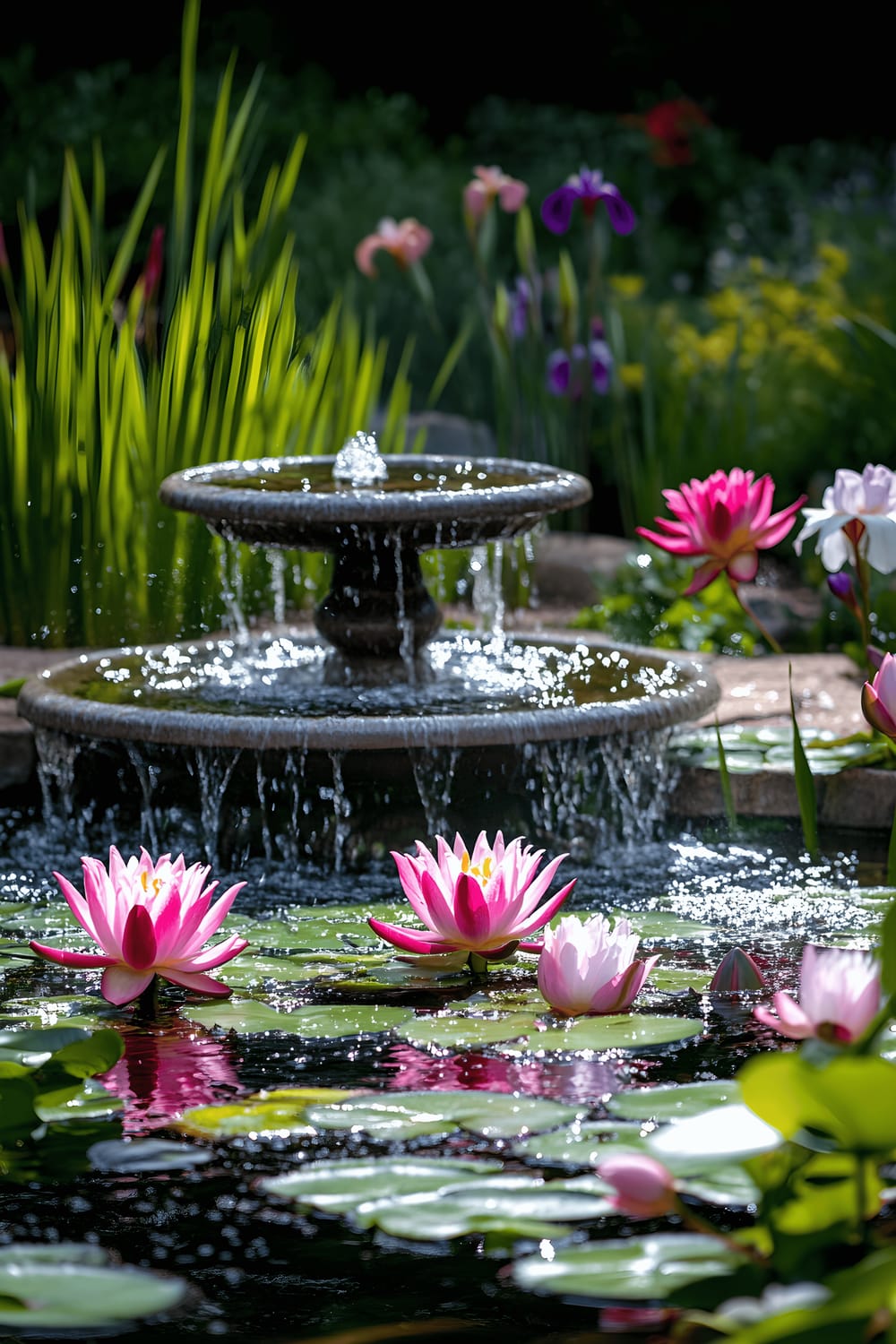 A serene backyard pond featuring a tiered fountain at the center. The fountain cascades crystal-clear water into the pond that is adorned with vibrant pink and white water lilies. The verdant surrounding is filled with lush green reeds and blooming irises, with dragonflies hovering above. The whole scenery is bestowed with late afternoon sunlight, accentuating the shimmering water and colorful flora.