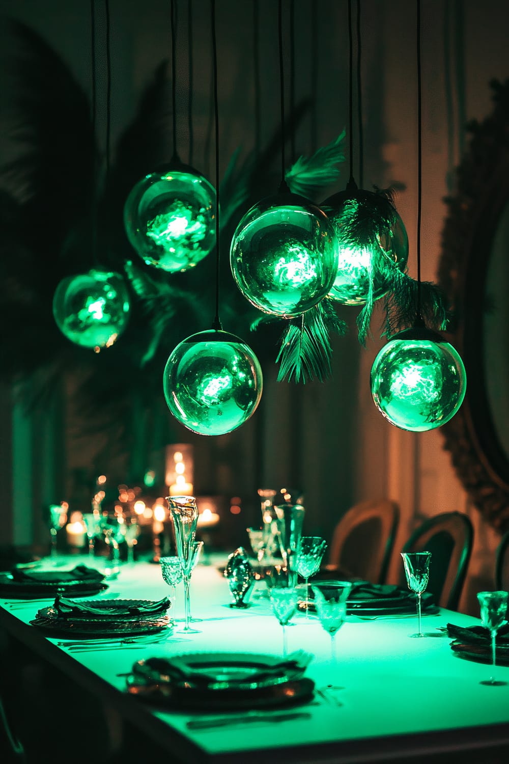 An eerie dining table setting featuring floating glass orbs with green LED lights suspended above a white table. Surrounding the orbs are dark feathers and a vintage mirror reflecting the green light. The table is set with glassware and plates, and the ambiance is dimly lit with atmospheric lighting.