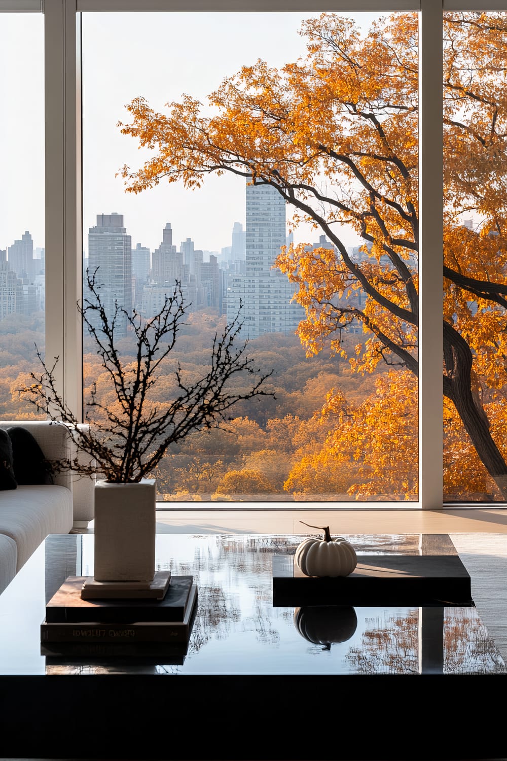 A modern apartment living room with floor-to-ceiling windows showcasing a breathtaking view of an urban cityscape and trees with fall foliage. The interior features a minimalist design with a sleek white sofa, a reflective coffee table adorned with a small ornamental gourd and a vase of twigs, and a stack of books.