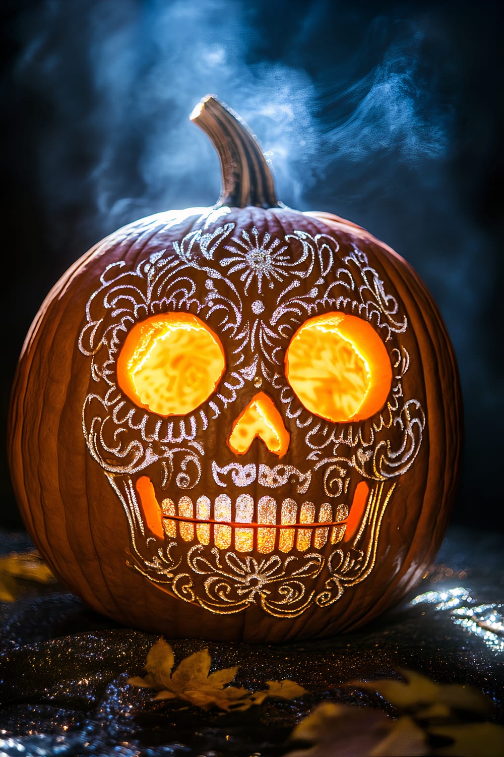 A carved pumpkin adorned with intricate Sugar Skull patterns is illuminated from within. The warm light glows through the eyes, nose, and mouth of the design, casting a haunting yet beautiful pattern. Surrounding the pumpkin are scattered autumn leaves, and the background is shrouded in a mystical smoke, enhancing the eerie ambiance.