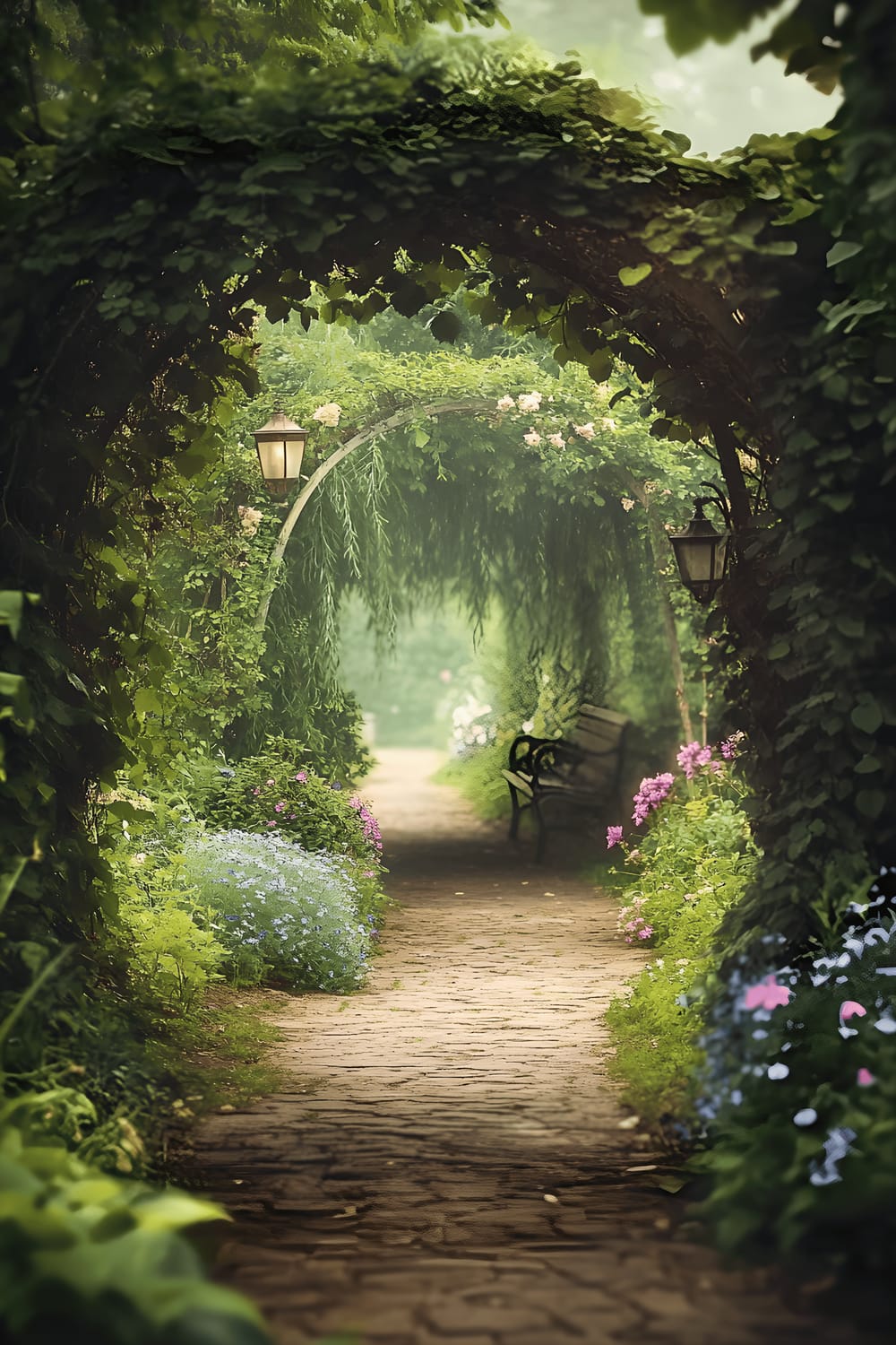 A winding path made of flagstones leading through a dreamy, overgrown cottage garden with thick ivy intertwining with aged wooden archways, and vintage lanterns casting a soft golden glow. On both sides of the path, wildflowers in pastel pinks and blues are in bloom. In the distance, a wooden bench is placed under the heavy boughs of an ancient willow tree. Morning mist lends an enchanted atmosphere to the scene.