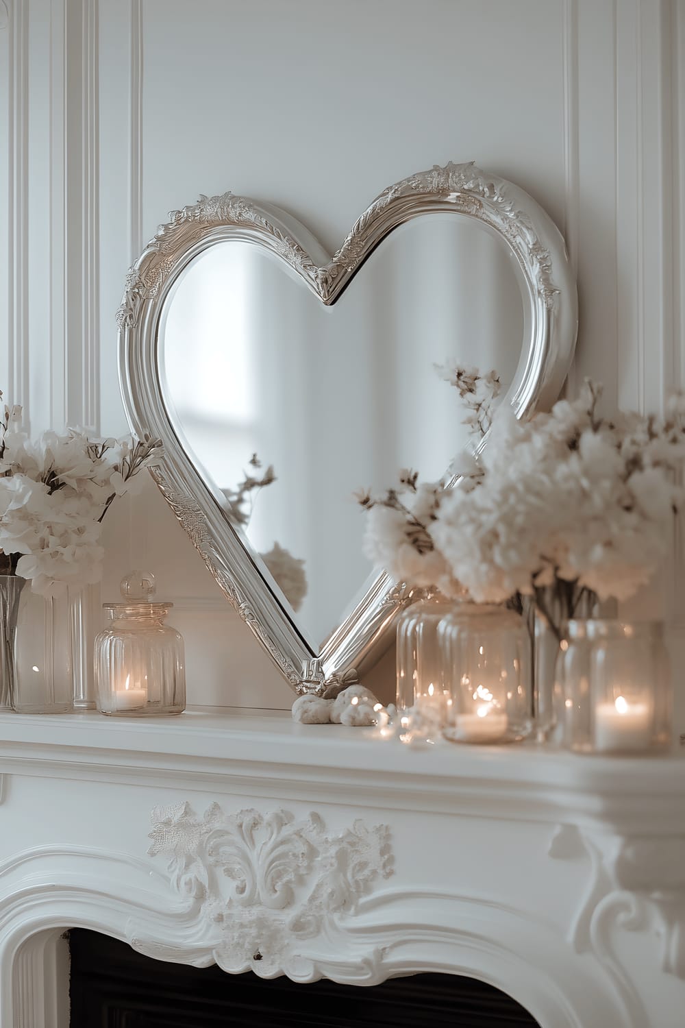 A heart-shaped metallic mirror placed on a minimalist white mantel. The mirror reflects a soft amber light, creating a warm and inviting atmosphere. The rest of the mantel is left bare, following a minimalist design.