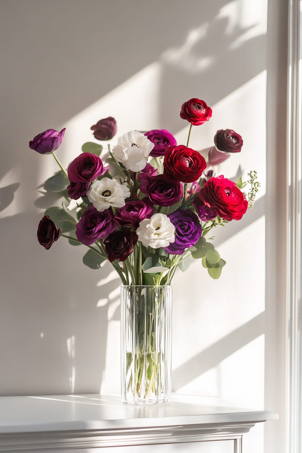 A clear glass vase holding a bouquet of ranunculus flowers in vibrant shades of red, purple, and white, placed on a white surface with sunlight streaming through a nearby window, casting soft shadows on a light grey wall.