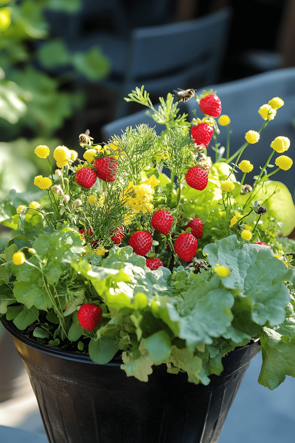 A sun-soaked patio features an overflowing planter filled with ripe, red strawberries, lush butter lettuce, and sprigs of fragrant dill. Several bees are captured mid-flight, contributing to the busy but calming atmosphere as they move from flower to flower, aiding in their pollination.