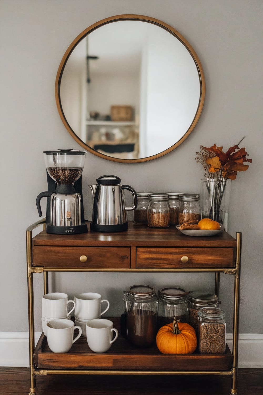 A coffee station on a wooden and brass cart with a round mirror hanging above it on the wall. The top shelf holds a coffee grinder, an electric kettle, several glass jars filled with coffee beans and grains, and a plate with cookies and an orange. The lower shelf has four white mugs, a small pumpkin, and more jars filled with coffee beans and other items.